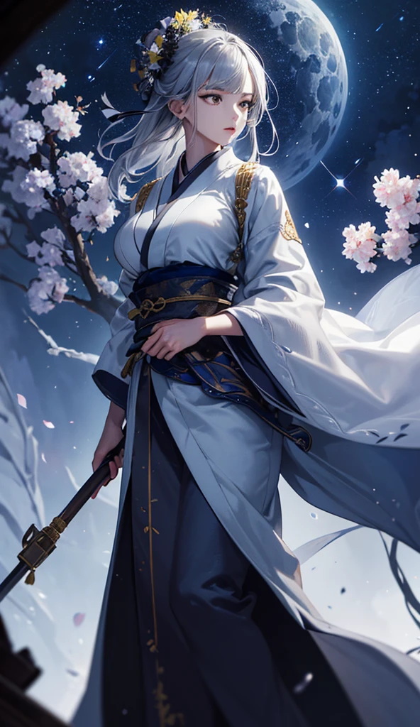 masterpiece, high quality, 4K, Beautiful design, silhouette，Gray Hair， 非常に詳細な夜のStarry Sky,Flower Field， wonderful, Finer details,  Very knowledgeable woman, Highly detailed solo, 1 female,Big Breasts，White kimono，Night view，Starry Sky，full moon，