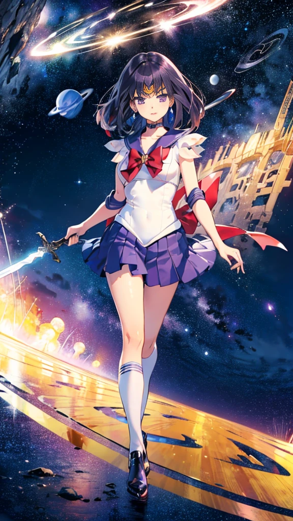 (full body),Sailor Saturn, purple Sailor collar, Sailor collar, Sailor Warrior Uniform, Gold tiara on forehead, Tomoe Hotaru, space, silence_sword,, (masterpiece:1.2), (Highest_quality:1.2), (Ultra_detailed:1.3), 8k, very_clear,