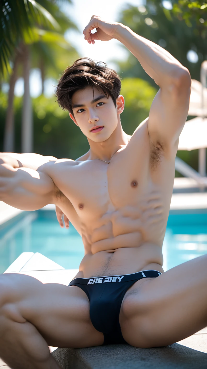 1boy, brown hair, side view, facing the camera, sexy bikini underwear, shirtless, lifted arms, stretching, sitting, spread legs, Very detailed handsome face, Heroic, Large muscles, pool background, clean cut hair,