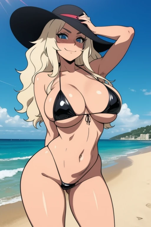 20 year old woman, busty, bubble butt, hourglass figure, skinny, blushing, arroused expression, horny, smirk, long hair, platinum blonde hair, wavy hair, wearing black leather bikini, large sunhat, at beach, seaside, anime, flat colors