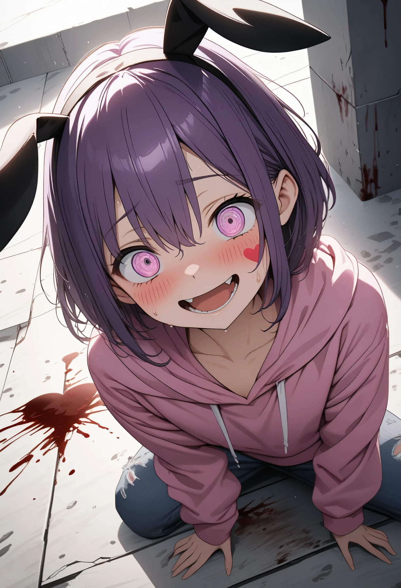 ((Masterpiece)), ((best quality)), (Anime:1.3), (super detail:1.2),(High Definition:1.3), (Professional Photography:1.2), (12 years old), 8K, from above, wide shot, Textured skin, cinematic lighting,（messy medium bob), (purple hair), (put on Black bunny ears), Pretty oversized pink hoodie, bloody, Tattered short trousers of jeans fabric, glowing Purple eyes, (Crazy Eyes), (the floor is wet with a blood), Sit on the ground, Eerie and inorganic white concrete room, (Heart mark on right cheek), very blush, Big purple eyes, Open mouth wide, (crazy smile), ((Cute teenage Beautiful Girl)), sweaty, (super detail), (sharp focus),