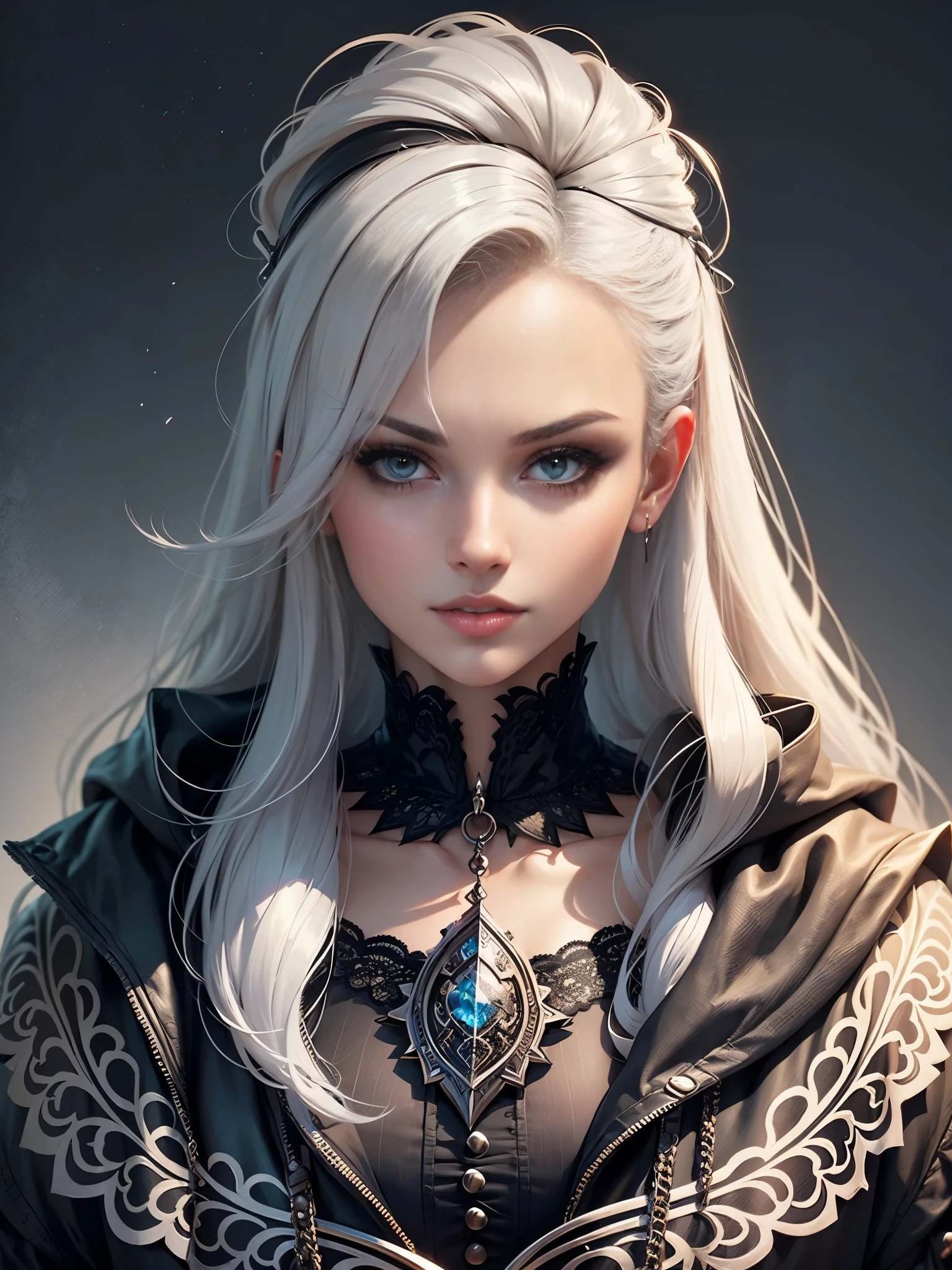 Create an extravagant portrayal of a man in Gothic style, emphasizing the "man" theme. The design should feature Gothic elements such as lace, ribbons, and Victorian details, showcasing an elegant and intricate style. Utilize a color palette of black, white, and pastel tones to capture the unique Gothic aesthetic. The design must be eye-catching, with the man centered in the image against a white background. She should fit well within the space, ensuring she does not touch the edges of the canvas. No text should be included in the image.