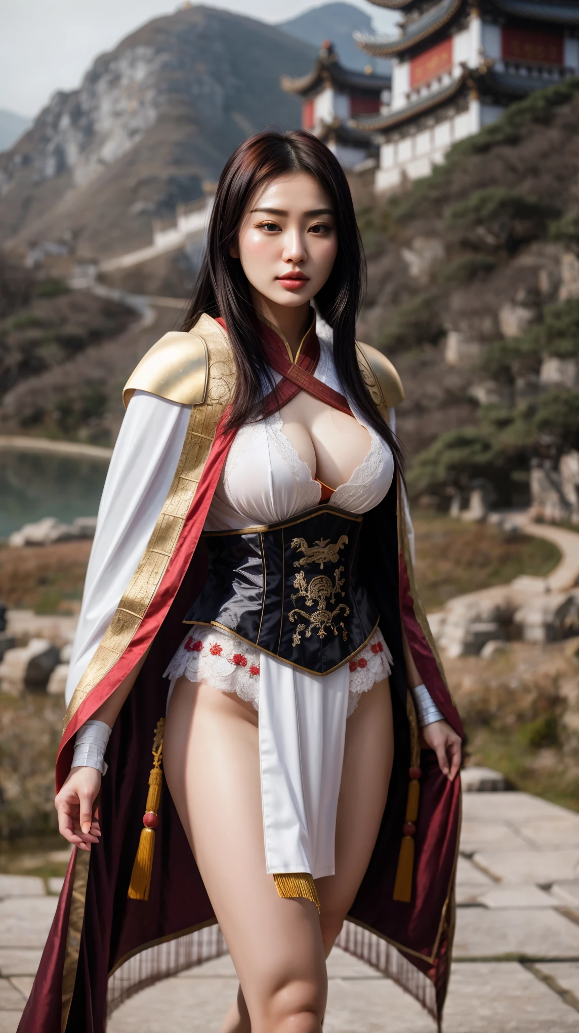 8K , Cute Idol , White Skin , Exotic Face ,   , Cute , Masterpiece , 18 Yearsold , Sleeveless , ((Chinese Female Warrior Armory Mulan Uniform)) , Lace , ((Cloak:1.1)) , Ultra Large Bare Breasts , an Action , ((Muscular:1.3)) , Sexy Look , Dramatic Pictures , Gorgeous , Beautiful Mountain Road , Extremely Detailed , Angry Face , ((Hair Blowing:1.3)) , Black Tied/Drill Hair , Battlefield , Chinese Dynasty Flag