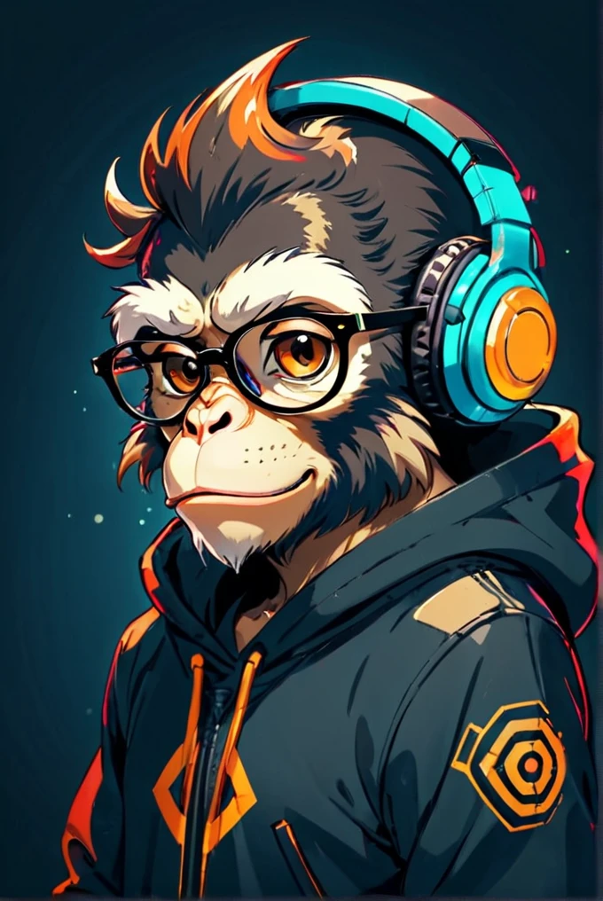 Anthropomorphic monkey wearing glasses and headset, hoody cyberpunk and futuristik, vintage design, high quality, HD