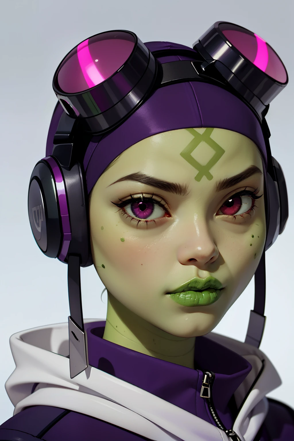 (masterpiece, realistic:1.3), (high quality, detailed:1.3), (huge breasts:1.2), (muscular female:0.8), (purple jacket, purple aviator cap, goggles), (upper body, portrait), (blank background:1.2), attea, red eyes, yellow sclera, (green skin:1.2)