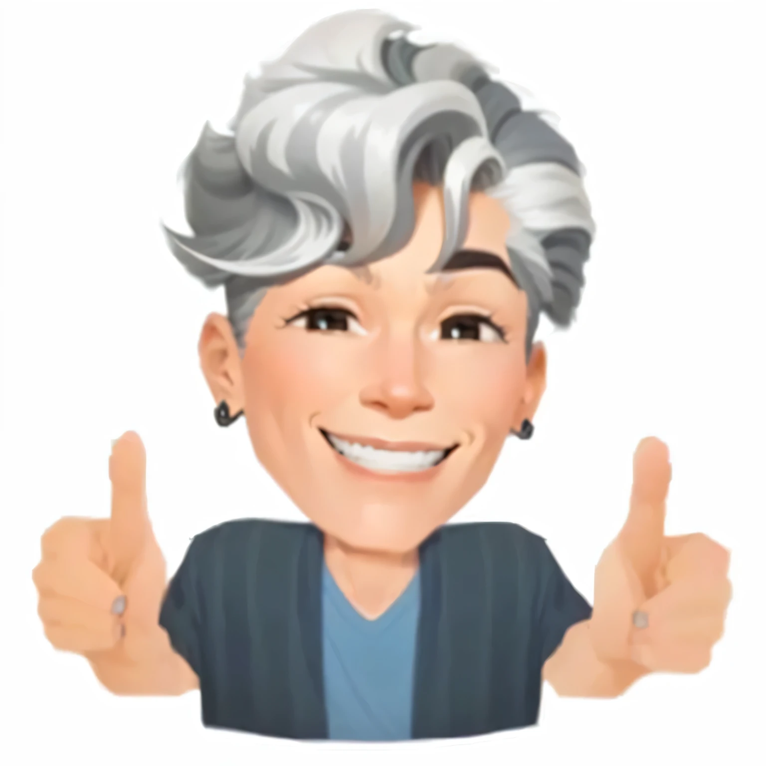 umA MULHER de desenho animado com um polegar para cima e um sorriso no rosto, adesivo de telegrama, cabelos grisalhos, Jay Leno com pele cinza, adesivo de telegrama design, a cabelos prateados mad, dando um joinha, inspired by John Lucas, cabelos prateados, v tuber, homem de cabelos grisalhos escuros, twitch emote, gray hair and cowboy hat, qualidade muito alta, xqc