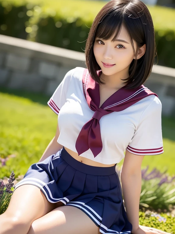 (highest quality:1.5)、(Realistic:1.5)、(1 person:1.5)、Very detailed、High resolution、8k、 huge round breasts、Natural color lips、Cute Smile、Japanese women、20-year-old girl、Beautiful and elegant face、Perfect and beautiful face、Balanced big eyes、Brunette eyes、Beautiful and elegant face、Natural double eyelids、Natural Bangs、Beautiful thin nose、Beautiful Skin、(Medium Bob Hair)、Natural Bangs、Perfect and beautiful face、Slim face and figure、Look at the viewers、Serafuku 、School Sailor Uniform、White short-sleeved blouse shirt, navy pleated micro miniskirt、Knee-high socks、red sailor knot scarf、 Beautiful navel、Open the navel、Wearing a school sailor uniform that shows her navel、High-angle composition、(Staring at the camera with a sweet smile)、Bright lighting、Professional Lighting、Forward lighting、Beautiful feet:1.2、Smooth Skin、Slim Body、Slim waistline、slim thin thighs、Sit on the ground、Lavender Fields、Lavender blooming hill、