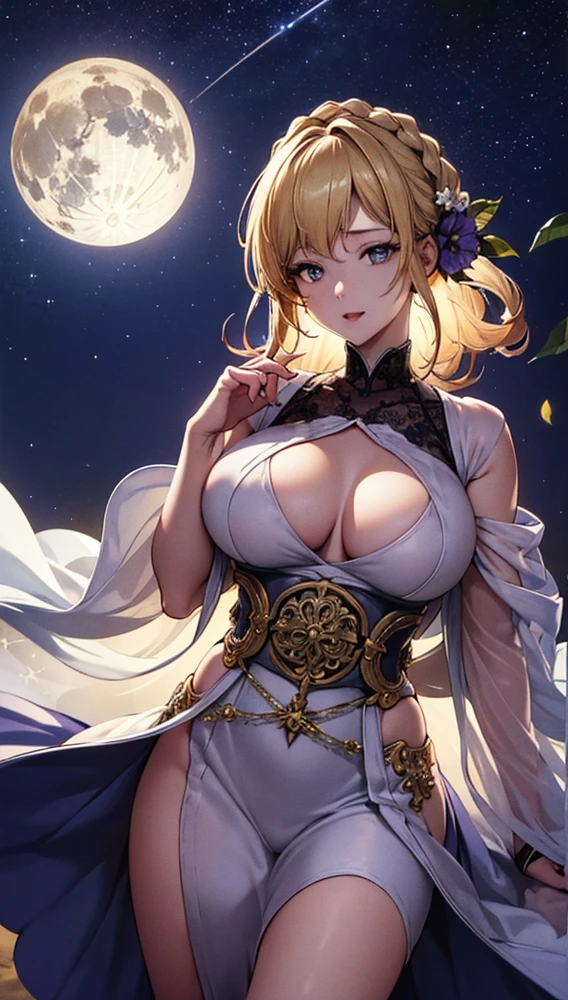 masterpiece, high quality, 4K, Beautiful design, silhouette,blonde, 非常に詳細な夜のStarry Sky,Flower Field, wonderful, Finer details, Very knowledgeable woman, Highly detailed solo, 1 female,Big Breasts, dress,Night view,Starry Sky,full moon,