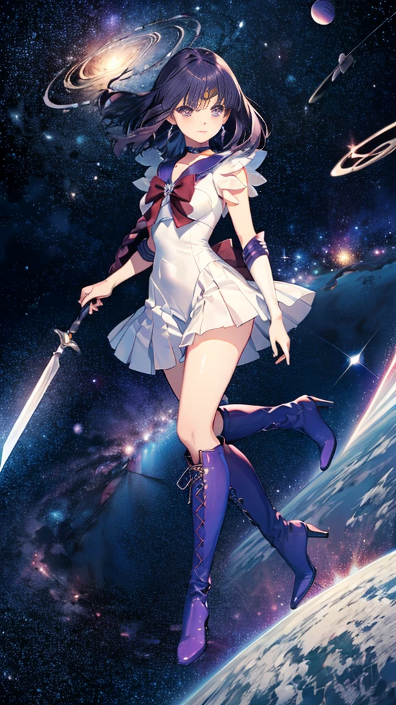 (full body),Sailor Saturn, purple Sailor collar, Sailor collar, Sailor Warrior Uniform,Elbow Handbags，Braided knee-high boots，Gold tiara on forehead, Tomoe Hotaru, space, silence_sword,, (masterpiece:1.2), (Highest_quality:1.2), (Ultra_detailed:1.3), 8k, very_clear,