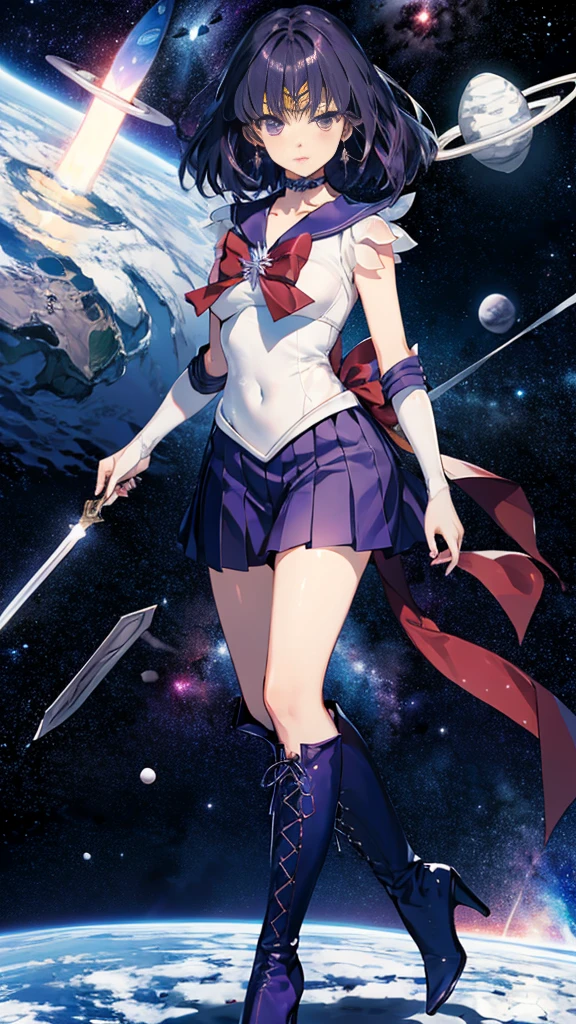 (full body),Sailor Saturn, purple Sailor collar, Sailor collar, Sailor Warrior Uniform,Elbow Handbags，Braided knee-high boots，Gold tiara on forehead, Tomoe Hotaru, space, silence_sword,, (masterpiece:1.2), (Highest_quality:1.2), (Ultra_detailed:1.3), 8k, very_clear,