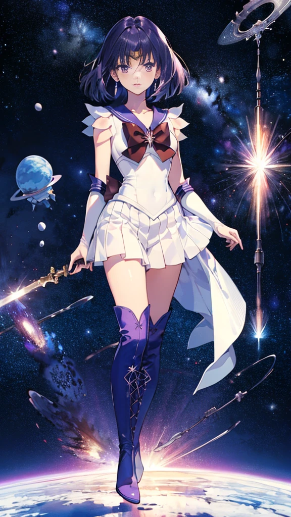 (full body),Sailor Saturn, purple Sailor collar, Sailor collar, Sailor Warrior Uniform,Elbow Handbags，Braided knee-high boots，Gold tiara on forehead, Tomoe Hotaru, space, silence_sword,, (masterpiece:1.2), (Highest_quality:1.2), (Ultra_detailed:1.3), 8k, very_clear,