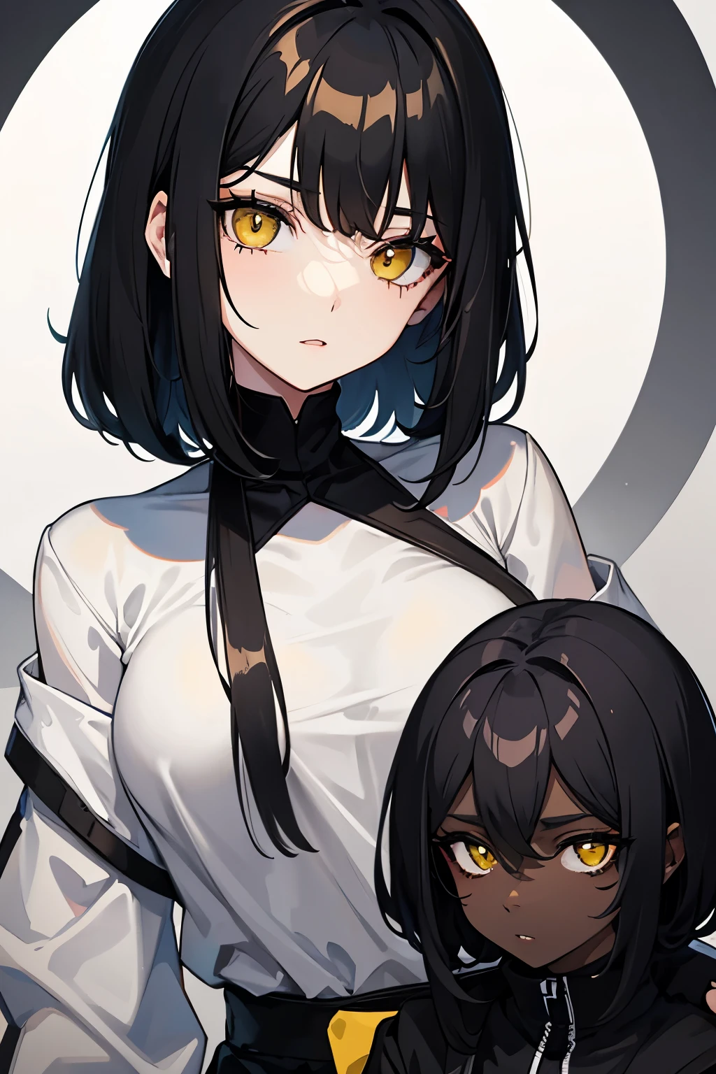 Female with black hair and pale skin.
Right eye yellow; Left eye green
