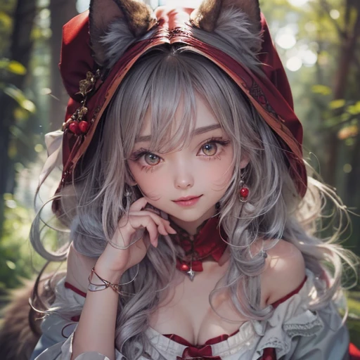 Standing in the forest、Hair flow、 ((highest quality、masterpiece、8k、Best image quality、Ultra-high resolution、Award-winning works)、(Accurate anatomy:1.1)、(Look at me and smile:1.1)、Shining fair skin with Ultra-high resolution、The most detailed face、Ultra-high resolution detailed face、Ultra-high resolutionの髪の毛、(Ultra-high resolution eye:1.1)、Beautiful face drawn in every detail、little red riding hood Costumes , Chest to chest, Strange atmosphere, A real werewolf stares at her., Dark Light, in the forest , Heavy makeup