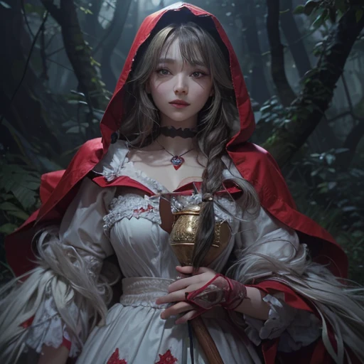Standing in the forest、Hair flow、 ((highest quality、masterpiece、8k、Best image quality、Ultra-high resolution、Award-winning works)、(Accurate anatomy:1.1)、(Look at me and smile:1.hining fair skin with Ultra-high resolution、The most detailed face、Ultra-high resolution detailed face、Ultra-high resolutionの髪の毛、(Ultra-high resolution eye:1.1)、Beautiful face drawn in every detail、little red riding hood Costumes , Chest to chest, Strange atmosphere, A real werewolf stares at her., Dark Light, in the forest , Heavy makeup