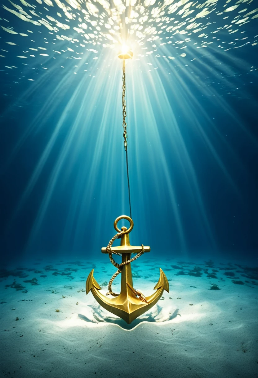 Light golden anchor self lighting sinking in the deep ocean with light lighting coming from above