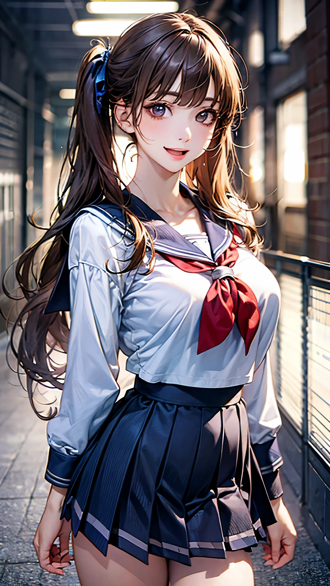 (masterpiece:1.2, top-quality), (realistic, photorealistic:1.4), beautiful illustration, (natural side lighting, movie lighting),
looking at viewer, cowboy shot, 1 girl, japanese, high school girl, perfect face, cute and symmetrical face, white skin, shiny skin,
(long hair, twintails, sidelocks, light brown hair), blunt bangs, brown eyes, long eye lasher, (large breasts), slender,
beautiful hair, beautiful face, beautiful detailed eyes, beautiful clavicle, beautiful body, beautiful chest, beautiful thigh, beautiful legs, beautiful fingers, (five fingers)
(detailed cloth texture, long sleeves navy sailor suit, navy pleated skirt, white sailor collar, red bowtie),
(beautiful scenery), summer, (school hallway), standing, (arms behind back), (smile, open mouth),