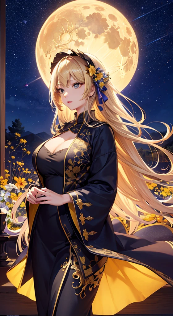 masterpiece, high quality, 4K, Beautiful design, silhouette,blonde, 非常に詳細な夜のStarry Sky,Flower Field, wonderful, Finer details, Very knowledgeable woman, Highly detailed solo, 1 female,Big Breasts, dress,Night view,Starry Sky,full moon,