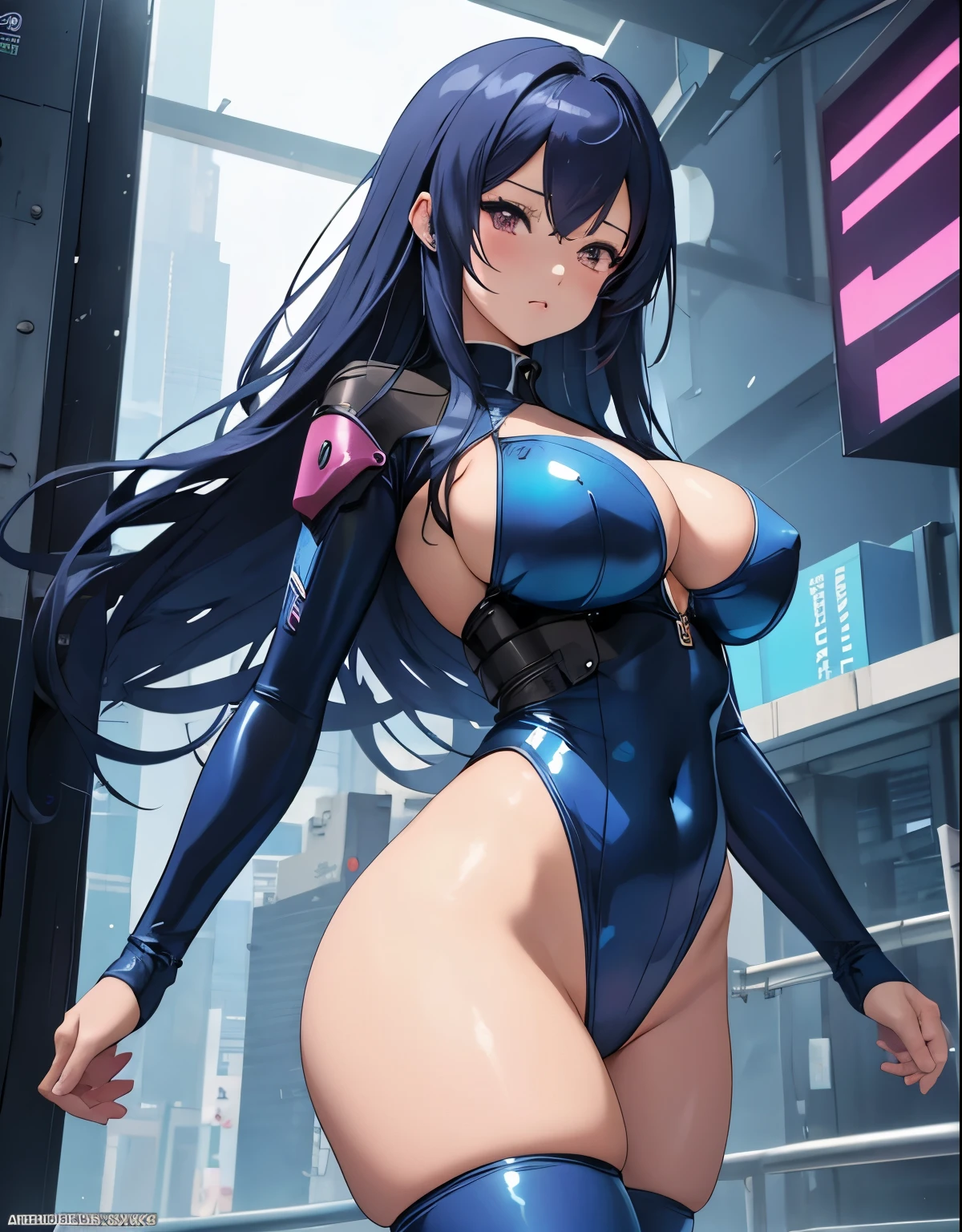 anime girl in a blue bodysuit, seductive anime 19 years old, large breasts, triple D cup breasts, sexy, horny, round buttocks, bubbly buttocks, fit and strong, slender body, plump lips , best anime 4k, 16k, high resolution, 8k, splash art anime , detailed digital anime art, beautiful alluring anime woman, oppai cyberpunk, guweiz, is wearing a swimsuit,Double D cup breasts,