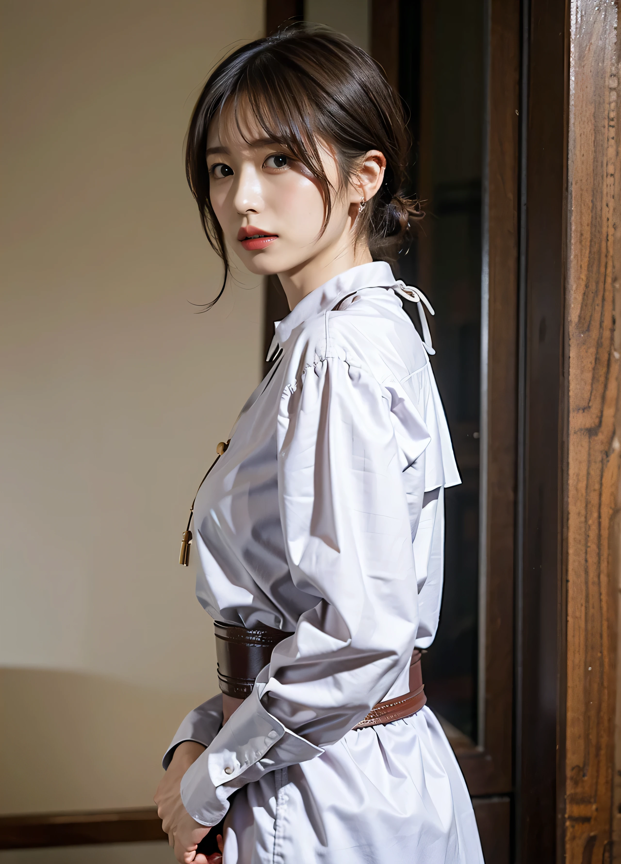((Snapshots of everyday life, Clear photos, Take a full body photo:1.5)),
(Trending Fashion, White collared shirt, Long flared skirt, Wearing stockings:1.8),
(No bra, The shape of the nipples is visible,rich,Beautiful thighs,Ultra-detailed skin,Small pores in the skin:1.4),
((Her body is incredibly beautiful and stylish :1.4)),
((She has an angry look:1.5)),
((She is tied up with a rope, The fullness of the chest is emphasized:1.6)),
((32 years old, Beautiful sister:1.8)),
((Naughty lips, Sexy body, Body facing forward:1.4)),
((Small breasts, Flat Chest, chest is slightly drooping:1.2)),
((Large bedroom, Spotlight:1.4)),
Eye focus, Narrow shoulders, Beautiful clavicle, Thin arms, Thin legs, The back of the hand is beautiful and feminine, Slim figure, Soft belly, Tight waist, Highly detailed face, super detailed breasts, Ultra-detailed skin, Fair skin, Shiny skin,
Ultra-detailed lips, Fuller lips, Thick and soft lips, Glossy pink lips,
Blushing, White teeth, blue eyes,
Beautiful actress makeup, compensate, Pink lipstick,
Dark brown hair, Delicate and soft hair, (Put your hair up, Fluffy short bob, ponytail:1.2), (Sweep your bangs to the side:1.2),
(Stylish earrings,necklace:1.2),
