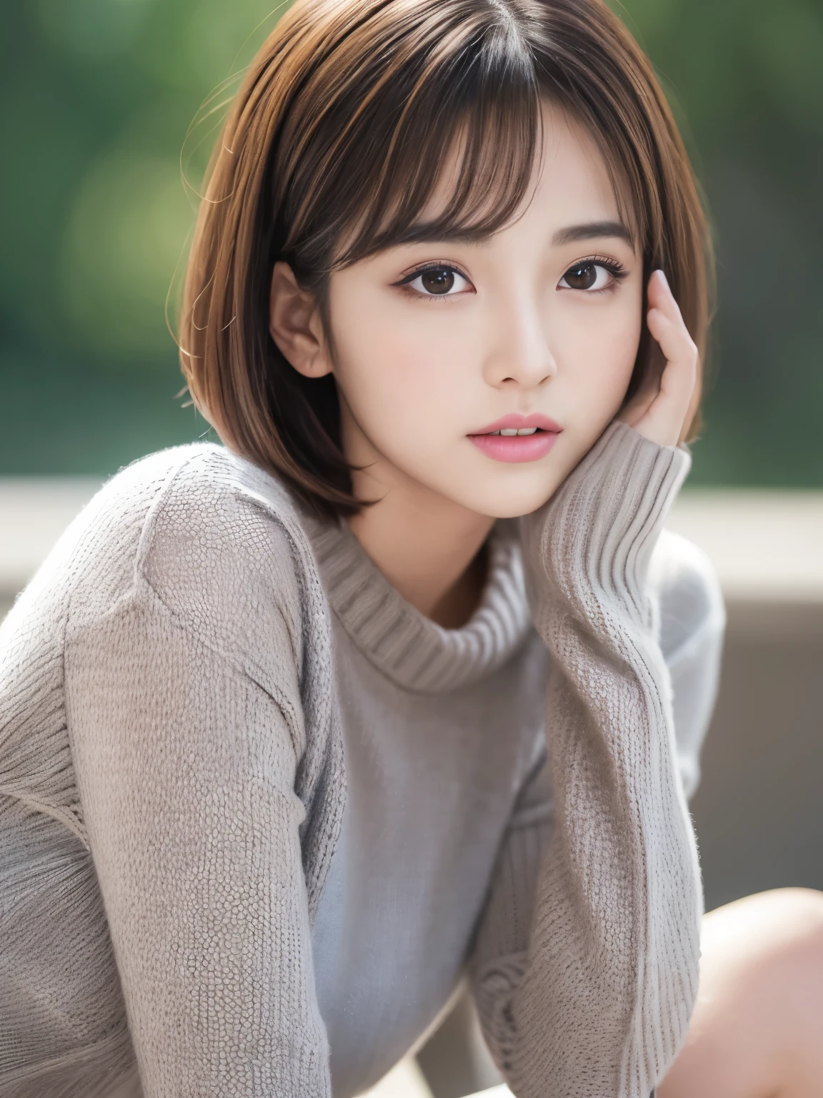 Ultra High Definition, Superior Quality, Premier Quality, ultra detailed, Photorealistic, 8k, RAW Photos, highest quality, masterpiece, Attractive Young girl, Angelic girl, Brown Hair, Korean idol, Short Hair, Mesh Hair, glossy lips, natural makeup, Japanese Idol, Sophisticated, Stylish, model posing, gray knit, 