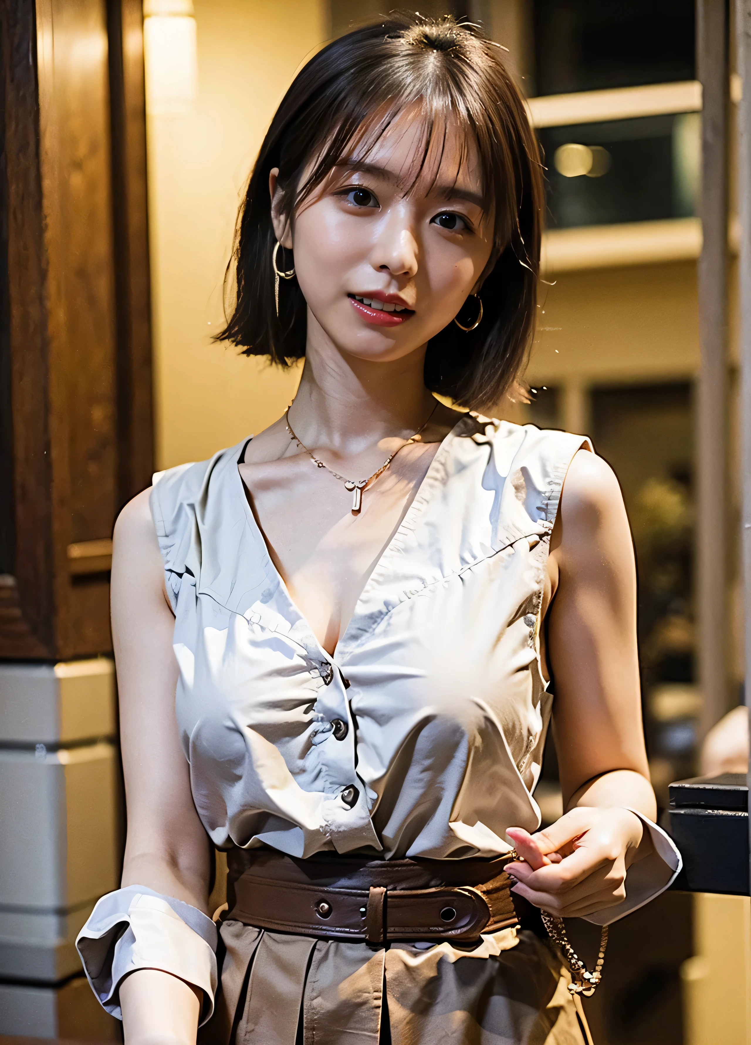 、Love hotel room 、Small earrings、Cute sleeveless、Big Tits、Neon city at night、illumination、Background Blur、Leather Belt、with rufflessleeveless、Braid only the front hair、Light brown hair、Teeth grinding、｛｛Cowgirl Shot｝｝、（（Close-up shot from the waist up、Big Breasts:1.4））、Breast swelling、Big Breasts、Smile、Silk clothing、Big Breasts that can be seen even through clothes、Braid only the front hair、Cowboy Shot、Gorgeous white collared silk shirt and brown skirt、Wear it elegantly、Luxury Bags、Sex in a stylish love hotel with shining illumination、A lovely smile、（（Nagoya street corner））、Full body photo、ring、High-end clothing products、Short skirt、Tuck your hair behind one ear、Silver Necklace、smile、 Elegant ponytail、Caustics、Highly detailed photos、Very beautiful and ideal short hair、Big Breasts、Super no makeup、(8k、RAW Photos、highest quality、masterpiece:1.2)、(Realistic、Realistic)、1 girl、((Medium Short Hair、Looking into the camera:1.4))、Hair blowing in the wind
