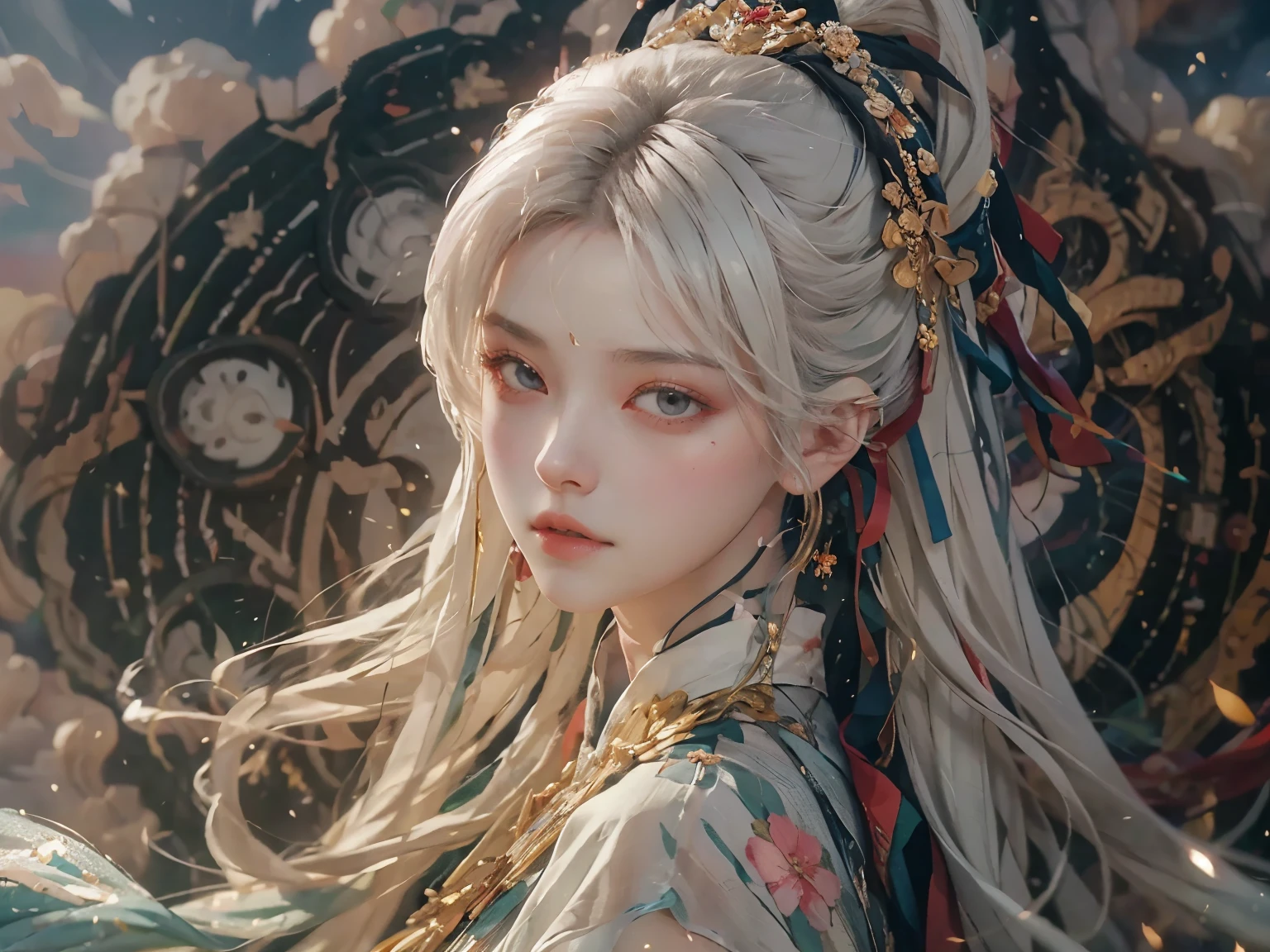 (from above), (dynamic pose), (((white cloud background))), (((high saturation))), ((surrounded by color splashes))) (RAW photo, best quality), (realistic, photo fidelity: 1.3), best quality, highly detailed, masterpiece, hyperdetail, illustration, (1girl: 1.3), (8k, original photo, best quality, masterplece), (photon mapping, radiometry, physically based rendering, auto white balance), ultra-detailed, Beautiful and aesthetic, beautiful, masterpiece, best quality, close-up of a woman with white hair and white mask, beautiful figure painting, Guvitz, Guvitz style artwork, white-haired god, Yang J, epic exquisite character art, stunning character art, Fan Qi, Wu Zhun Shifan, Gu Vitz in pixiv art station, many colors, upper body