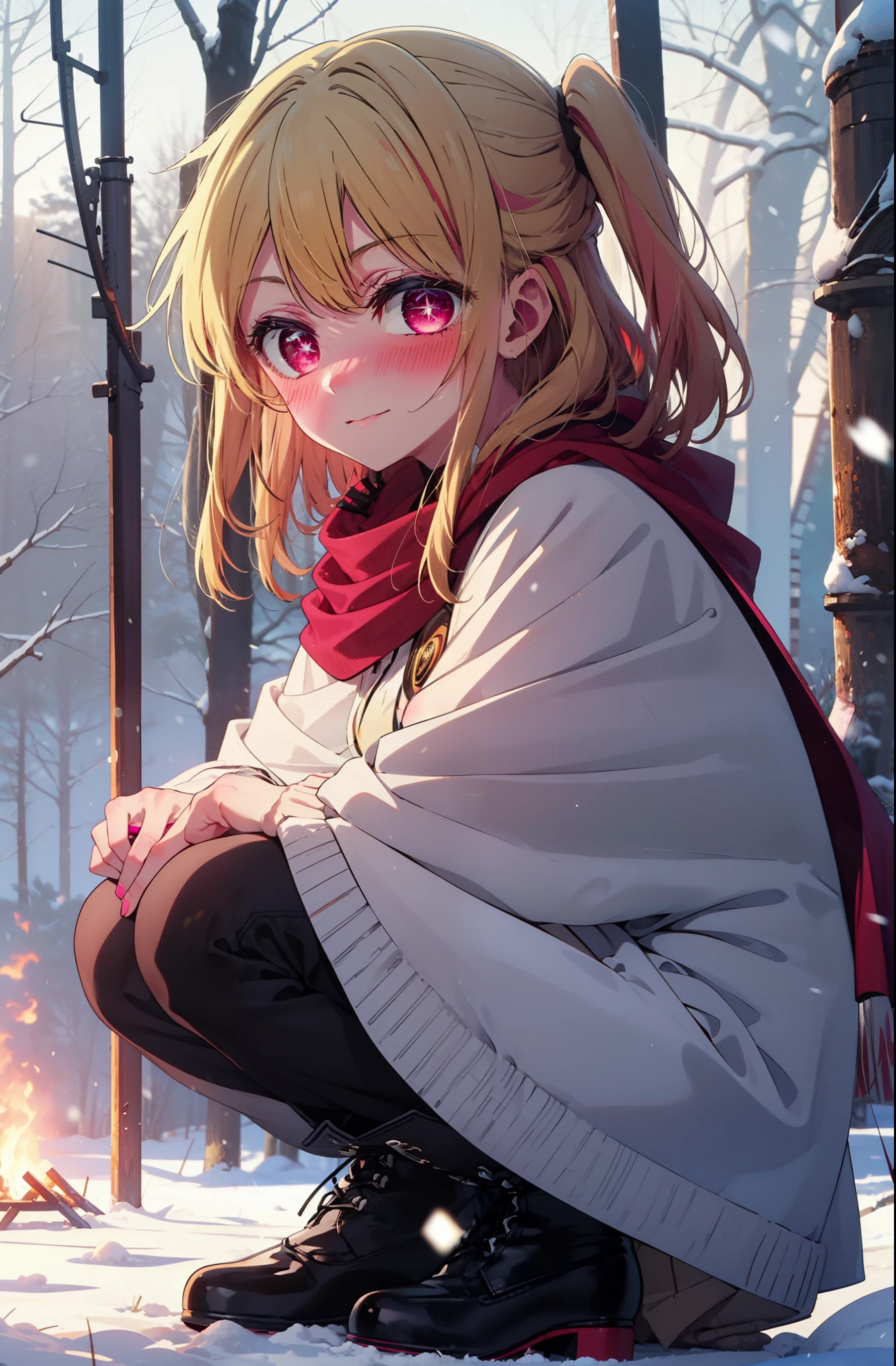 rubyhoshino, Hoshino Ruby, Long Hair, bangs, Blonde Hair, (Pink Eyes:1.3), Side Lock, (Symbol-shaped pupil:1.5), Multicolored Hair, Two-tone hair, smile,,smile,blush,White Breath,
Open your mouth,snow,Ground bonfire, Outdoor, boots, snowing, From the side, wood, suitcase, Cape, Blurred, , forest, White handbag, nature,  Squat, Mouth closed, Cape, winter, Written boundary depth, Black shoes, red Cape break looking at viewer, Upper Body, whole body, break Outdoor, forest, nature, break (masterpiece:1.2), highest quality, High resolution, unity 8k wallpaper, (shape:0.8), (Beautiful and beautiful eyes:1.6), Highly detailed face, Perfect lighting, Extremely detailed CG, (Perfect hands, Perfect Anatomy),