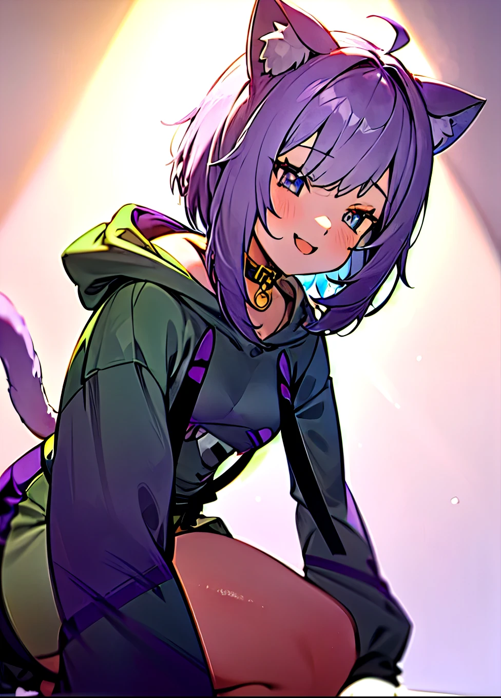 Natural light, A light smile, dress, Wizard, Fantasy, magic, images. The character is an anime-style girl with cat ears and a tail, purple hair styled in a short bob with less volume and a rounder, softer form. She is wearing a white and purple hoodie, a collar around her neck