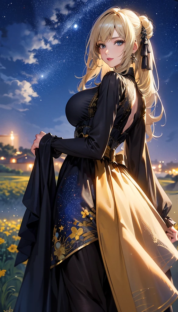 masterpiece, high quality, 4K, Beautiful design, silhouette，blonde， 非常に詳細な夜のStarry Sky,Flower Field， wonderful, Finer details,  Very knowledgeable woman, Highly detailed solo, 1 female,Big Breasts， dress，Night view，Starry Sky，full moon，