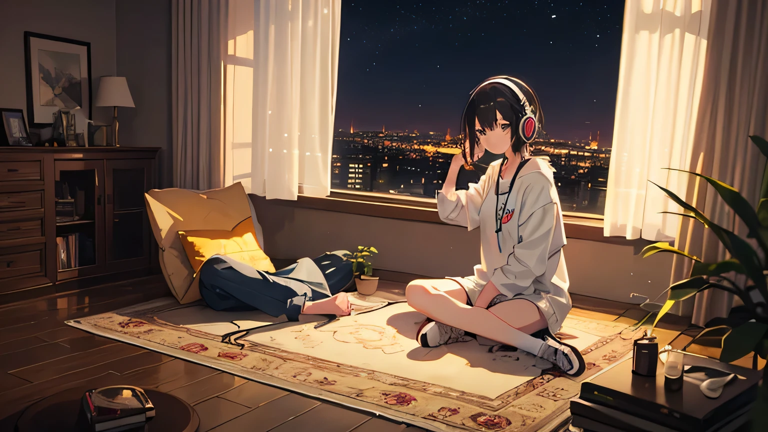 (masterpiece, highest quality: 1.2), dusk、Girl listening to music in a cozy room、Acoustic guitar nearby、Use headphones、Anime-style 2D、Lo-Fi、Chill、Soft atmosphere