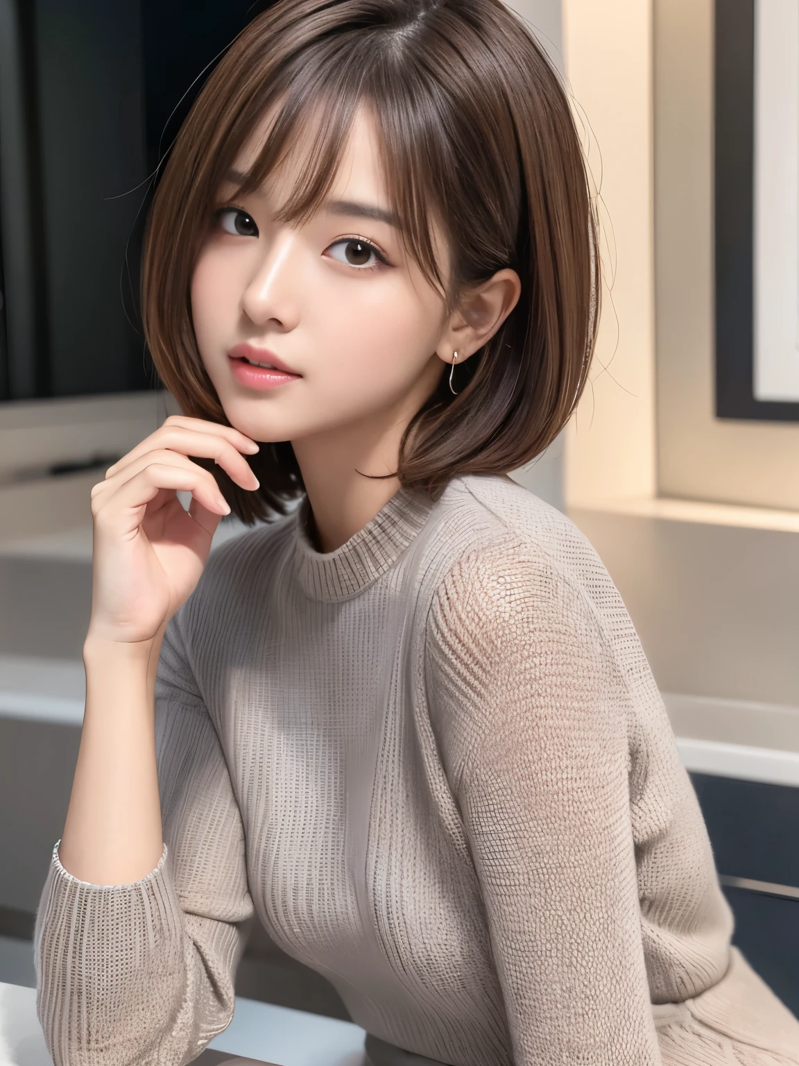 Ultra High Definition, Superior Quality, Premier Quality, ultra detailed, Photorealistic, 8k, RAW Photos, highest quality, masterpiece, Attractive Young girl, Angelic girl, Brown Hair, Korean idol, Short Hair, Mesh Hair, glossy lips, natural makeup, Japanese Idol, Sophisticated, Stylish, model posing, gray knit, 