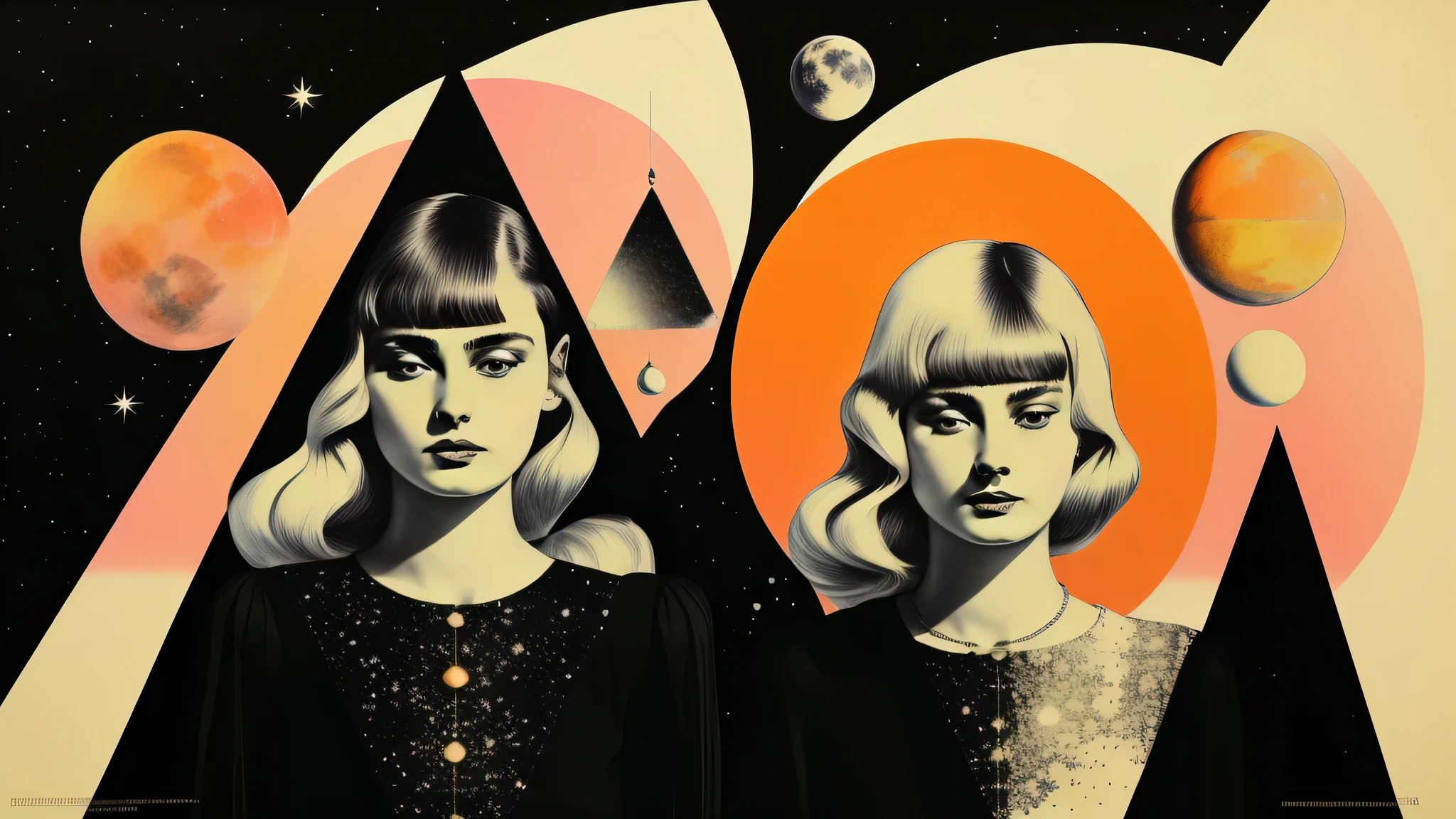 There is a triangle and a crescent moon above his head.、Blonde European woman on a pink background with orange circles