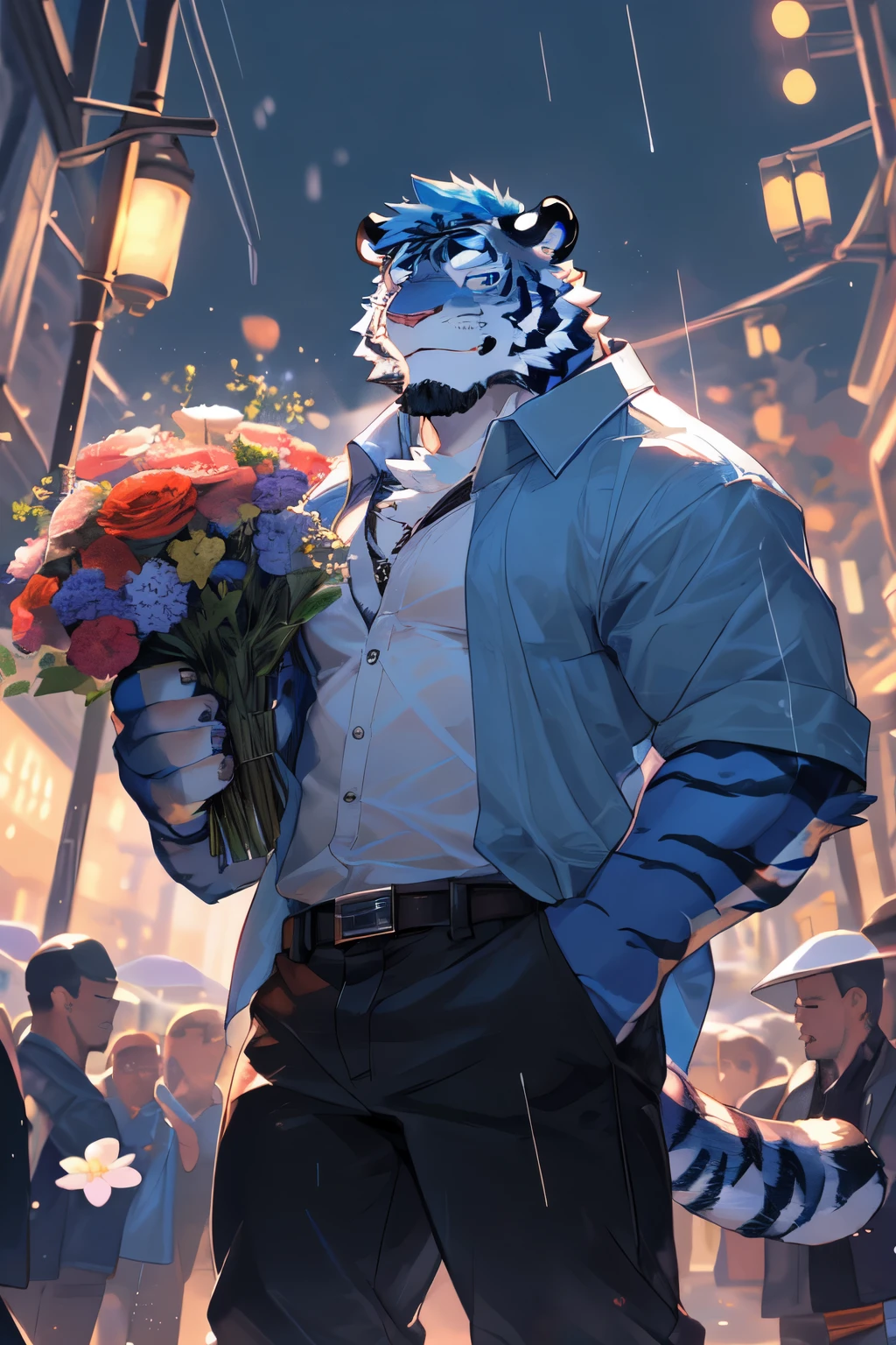 (Perfect anatomy), Super detailed,human nature，best quality,((Blue tiger | Blue hair | blue eyes)),((Blue skin and hair)),((White belly exposed)),from behind,Ultra-Wide Angle,(closed eyes),(close-up),Perfect eyes,Handsome,Lively and playful,(Lean),young,smiling and looking at audience,((Open shirt，Black jeans，Wearing sunglasses)),(Holding a bouquet of flowers to the audience),(perfect five fingers),Small drum kit,male,((night)),(it is raining),(Campus path in the rain),Perfect anatomy,Tiger Tail ,By Bei Bei Bei Bei, By Zackary911
