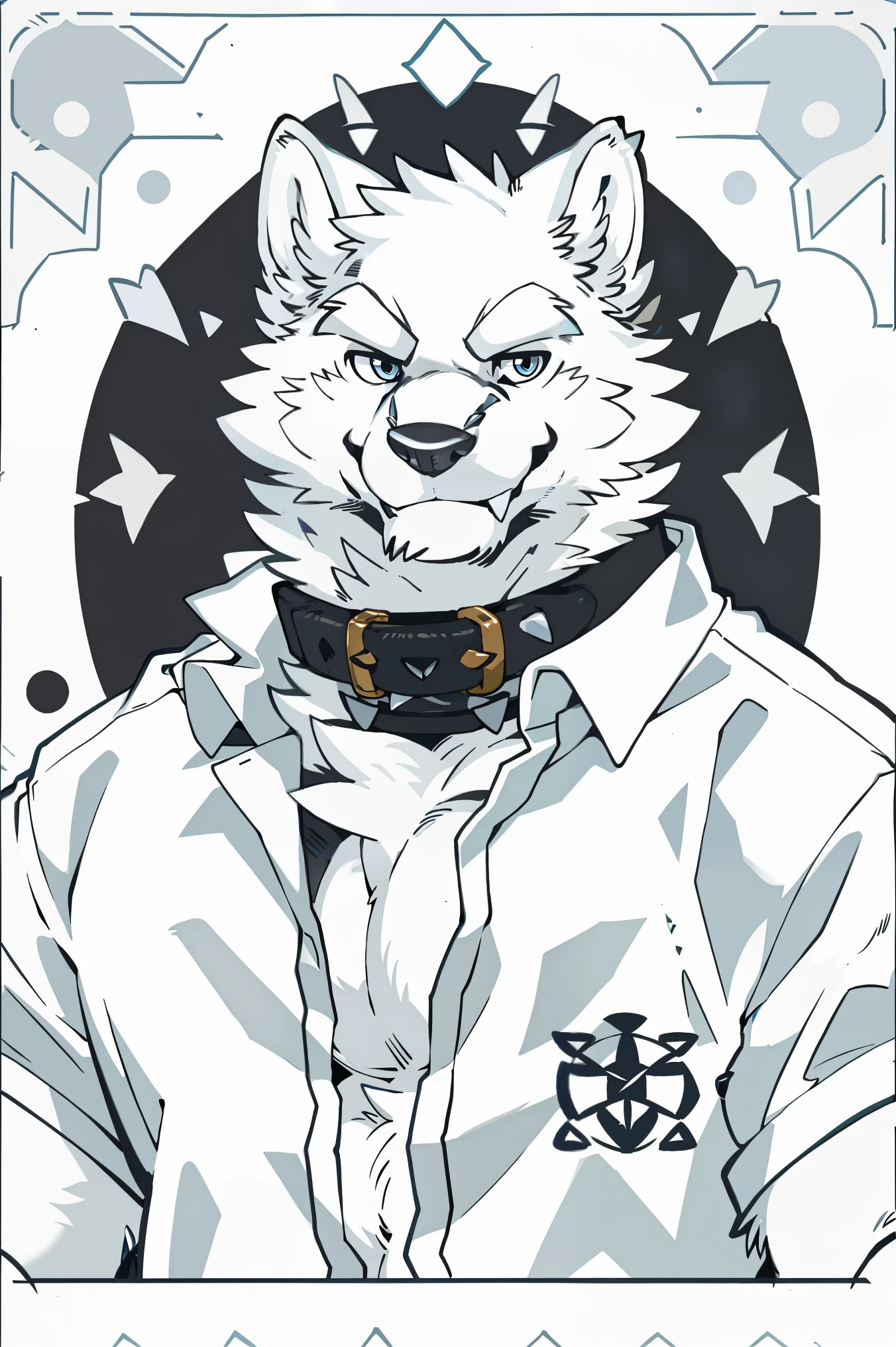 snow wolf, ((all white fur:1.5)), Perfect sky blue eyes, Collar, (artist:Takemoto Arashi), Mature face, (fang out:1.5), seductive smile, Unbutton all shirt buttons, logo mark, stamp, Geometric pattern, vector-art, best quality, UHD