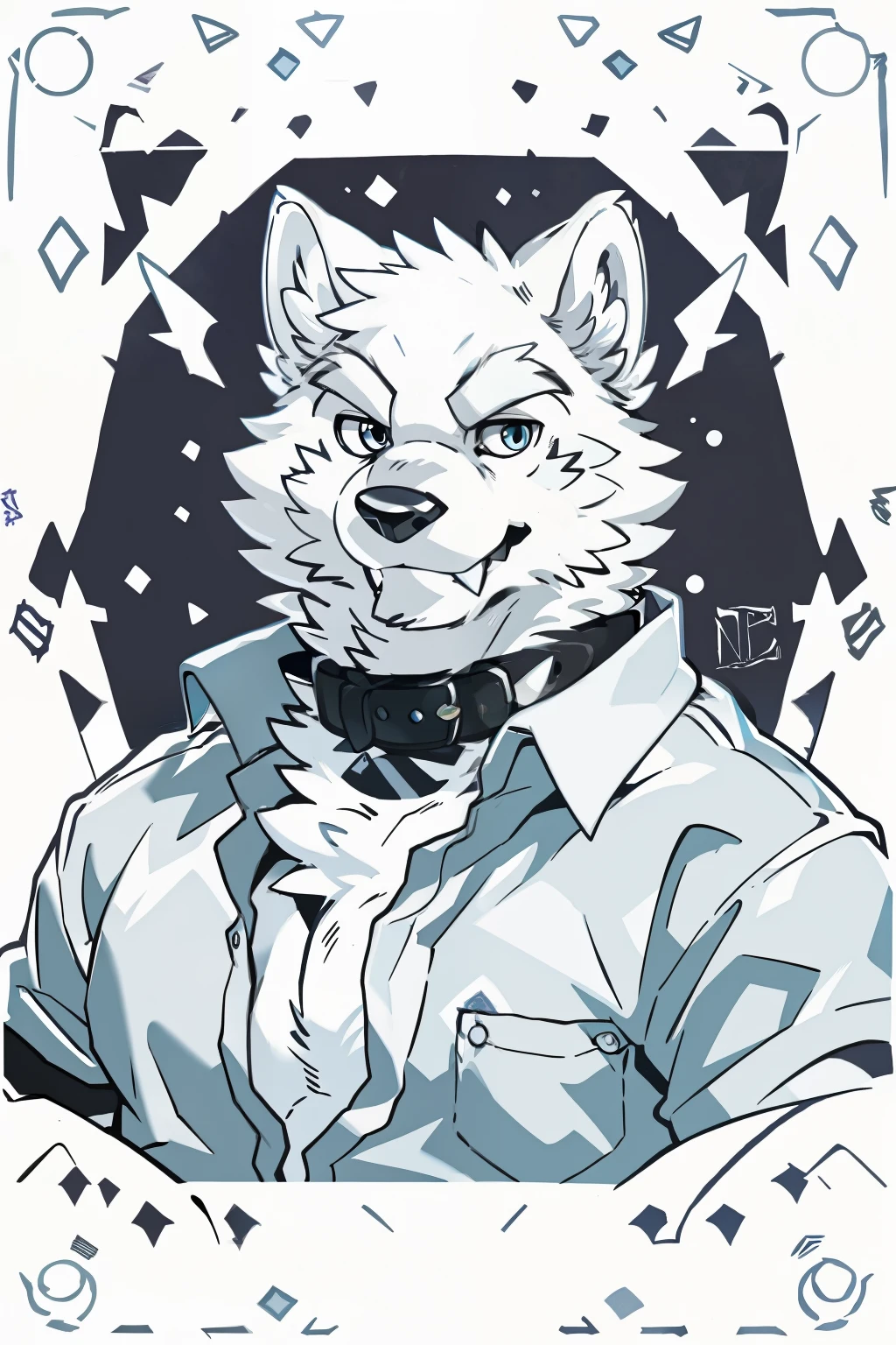 snow wolf, ((all white fur:1.5)), Perfect sky blue eyes, Collar, (artist:Takemoto Arashi), Mature face, (fang out:1.5), seductive smile, Unbutton all shirt buttons, logo mark, stamp, Geometric pattern, vector-art, best quality, UHD