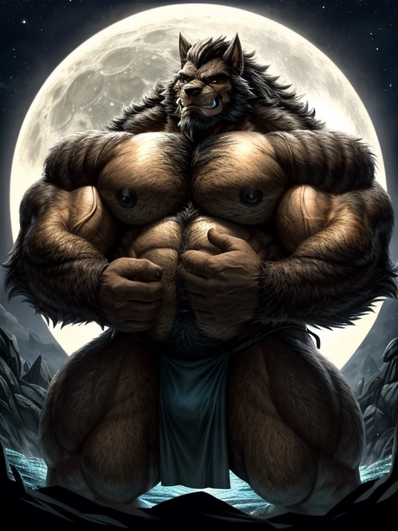 A burly, virile, and hairy werewolf with distinct wolf ears and a bushy tail, standing tall and proud against a full moonlit sky. His fur is thick and majestic, framing a powerful physique that is overmuscular and musclebound to the extreme. His broad shoulders and massive chest are accentuated by a thick mane of fur that cascades down his torso, while his overly thick arms and legs are covered in a lush, dark fur. The werewolf's body is a hulking figure, swelling with swollen muscles, veins bulging against his skin. His face is dominated by a long, bushy beard and a thick mustache, and his hair, which is beginning to grey with age, only serves to add to his rugged and imposing appearance. He is dressed in a traditional fundoshi, a Japanese loincloth, which struggles to contain his immense size and bulk. The werewolf's eyes glow a chilling shade of amber, reflecting the power and ferocity that simmers just beneath the surface of his burly exterior.