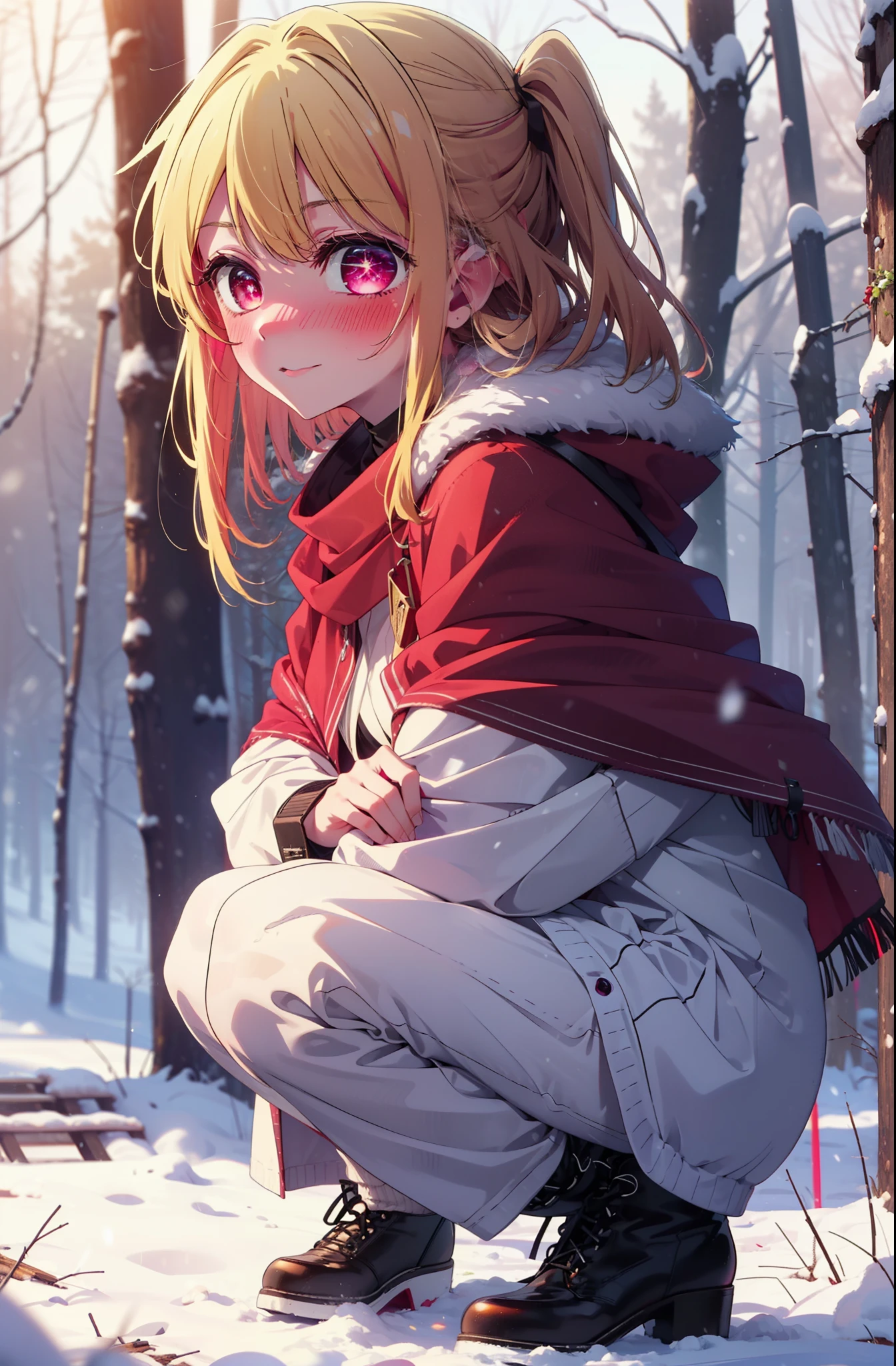 rubyhoshino, Hoshino Ruby, Long Hair, bangs, Blonde Hair, (Pink Eyes:1.3), Side Lock, (Symbol-shaped pupil:1.5), Multicolored Hair, Two-tone hair, smile,,smile,blush,White Breath,
Open your mouth,snow,Ground bonfire, Outdoor, boots, snowing, From the side, wood, suitcase, Cape, Blurred, , forest, White handbag, nature,  Squat, Mouth closed, Cape, winter, Written boundary depth, Black shoes, red Cape break looking at viewer, Upper Body, whole body, break Outdoor, forest, nature, break (masterpiece:1.2), highest quality, High resolution, unity 8k wallpaper, (shape:0.8), (Beautiful and beautiful eyes:1.6), Highly detailed face, Perfect lighting, Extremely detailed CG, (Perfect hands, Perfect Anatomy),