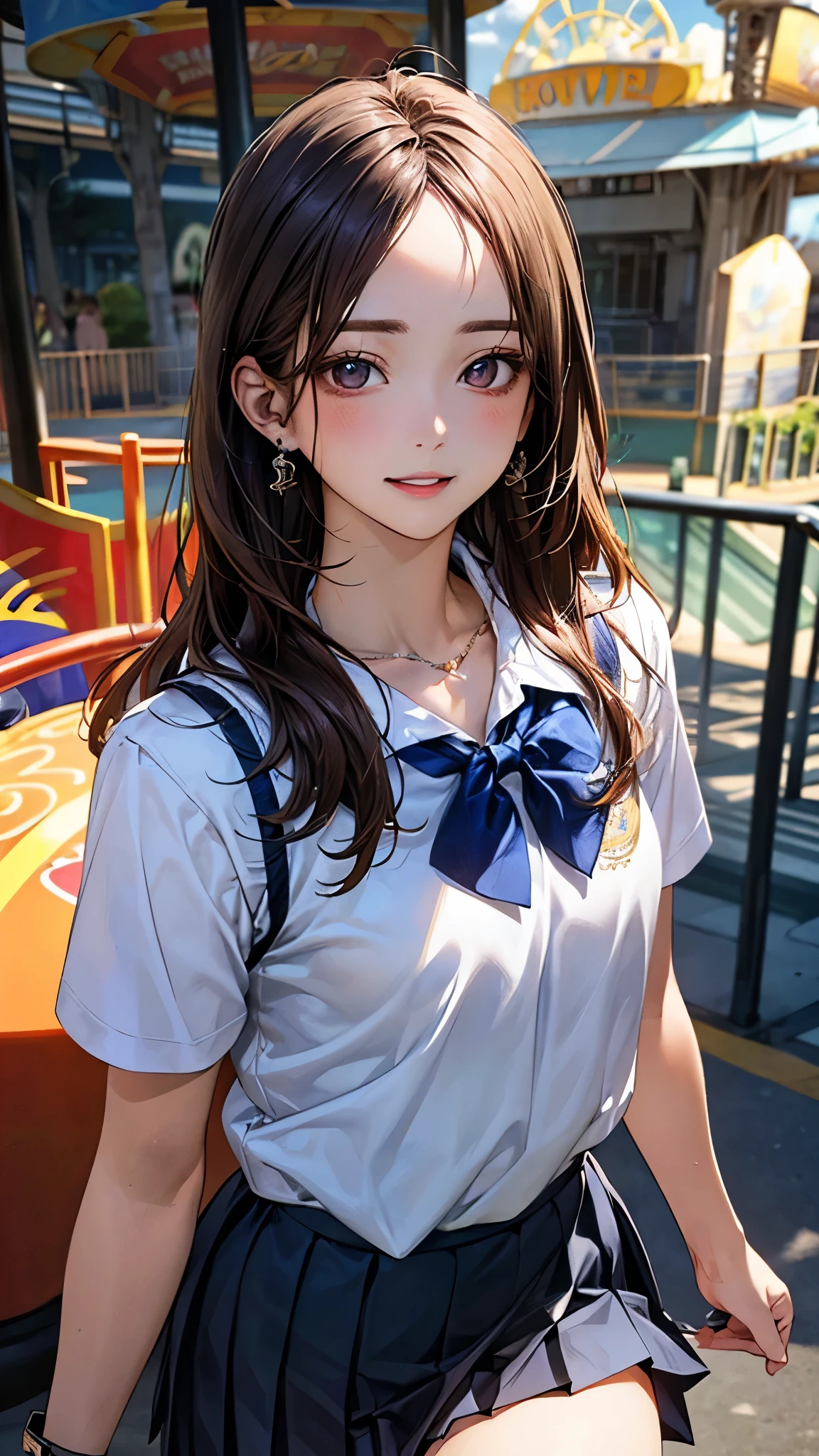 (masterpiece:1.2, top-quality), (realistic, photorealistic:1.4), beautiful illustration, (natural side lighting, movie lighting), nsfw, 
beautiful detailed hair, beautiful detailed face, beautiful detailed eyes, beautiful clavicle, beautiful body, beautiful chest, beautiful thigh, beautiful legs, beautiful hands, 
looking at viewer, 1 girl, japanese, high school girl, perfect face, cute and symmetrical face, shiny skin, 
(long hair, straight hair, brown hair), forehead, gray eyes, slant eyes, big eyes, long eye lasher, (medium breasts), (small ass, thin thighs), slender, outstanding style, 
(detailed cloth texture, short sleeve white collared shirt, navy school vest, navy pleated skirt, blue bow tie), earrings, necklace, wrist chakra, wrist chouchou, 
(beautiful scenery), amusement park, go-round, ferris wheel, (walking, skirt hold), (seductive smile, upper eyes, parted lips), 