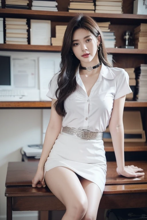 (Masterpiece, best quality, alone, Complicated details, Chromatic aberration), realistic, ((Moderate breath)), hair in one eye,purple eyes, earring, sharp eyes, Jeweled choker, (symmetrical eyes),(Perfect symmetrical body),Photo of a beautiful 24 year old girl, Beautiful and charming with contemporary fashion paintings as well....., looking at the audience, ((in the classroom background)), (1 Teen Girl),(black short skirt), (white short sleeve, Form fitting shirt., Unbuttoning the buttons, Revealing a little breast.Worn with a blue short-sleeved lab coat..), ((A short black pencil skirt with a deep slit on the side...)), sugar belt, ((Put your hands down.)),Copper blonde hair, Bob, round chin, Art lens 85mm, Sharp focus, High resolution 8K, Crazy details, complicated, elegant,sitting on the study table Lift one leg to eye level.., legs slightly apart., dynamic gesture, ((Dress in sharp clothing., .))