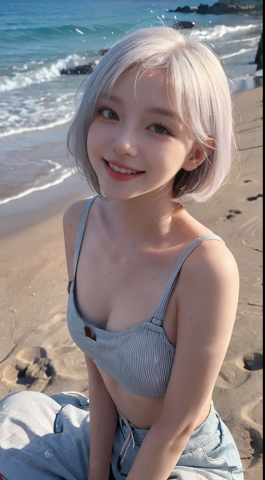 Best image quality、RAW Photos、超A high resolution、21 years old Korean、Small breasts、Dynamic Angle、Cowboy Shot、Chaos in its most beautiful form、elegant、Brutalist Design、Vibrant colors、Beautiful white hair、Short Bob、smile、fun、smile、Glowing White Skin、Beautiful eyes with random colors、Very thin lips、Beautiful eyes in every detail、length, Narrow eyes、Cheeks are pale pink、length eyelashes、Beautiful double eyelids、eye shadow、Bright white hair、Crop top、Overalls、Sandy Beach、Photographed from diagonally above