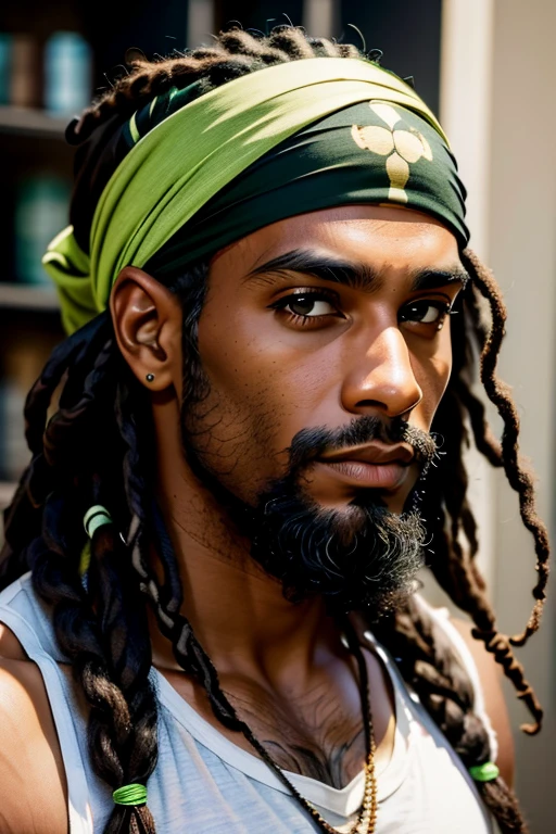 homem, negro, barba longa, dreads, bandana verde escuro