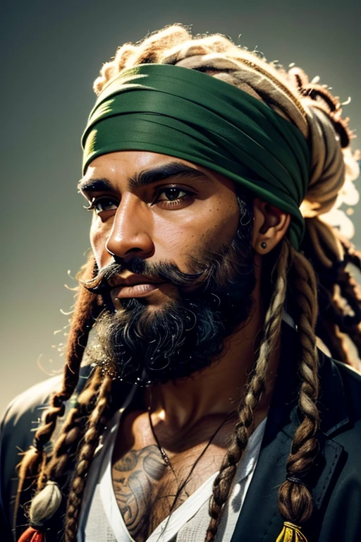 homem, negro, barba longa, dreads, bandana verde escuro