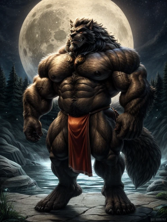 A burly, virile, and hairy werewolf with distinct wolf ears and a bushy tail, standing tall and proud against a full moonlit sky. His fur is thick and majestic, framing a powerful physique that is overmuscular and musclebound to the extreme. His broad shoulders and massive chest are accentuated by a thick mane of fur that cascades down his torso, while his overly thick arms and legs are covered in a lush, dark fur. The werewolf's body is a hulking figure, swelling with swollen muscles, veins bulging against his skin. His face is dominated by a long, bushy beard and a thick mustache, and his hair, which is beginning to grey with age, only serves to add to his rugged and imposing appearance. He is dressed in a traditional fundoshi, a Japanese loincloth, which struggles to contain his immense size and bulk. The werewolf's eyes glow a chilling shade of amber, reflecting the power and ferocity that simmers just beneath the surface of his burly exterior.