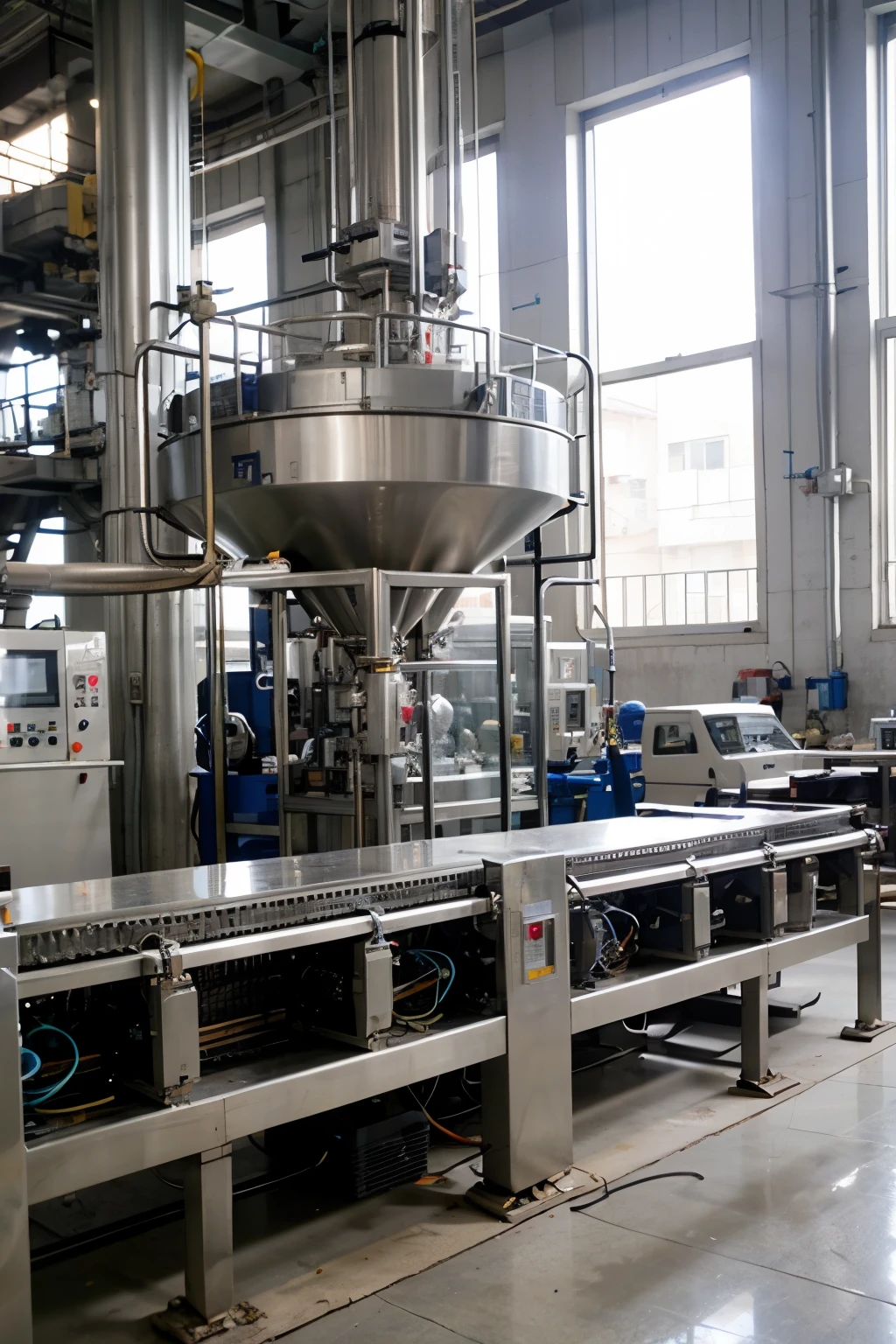 Sugar. Packaging line into packets in Indian company 