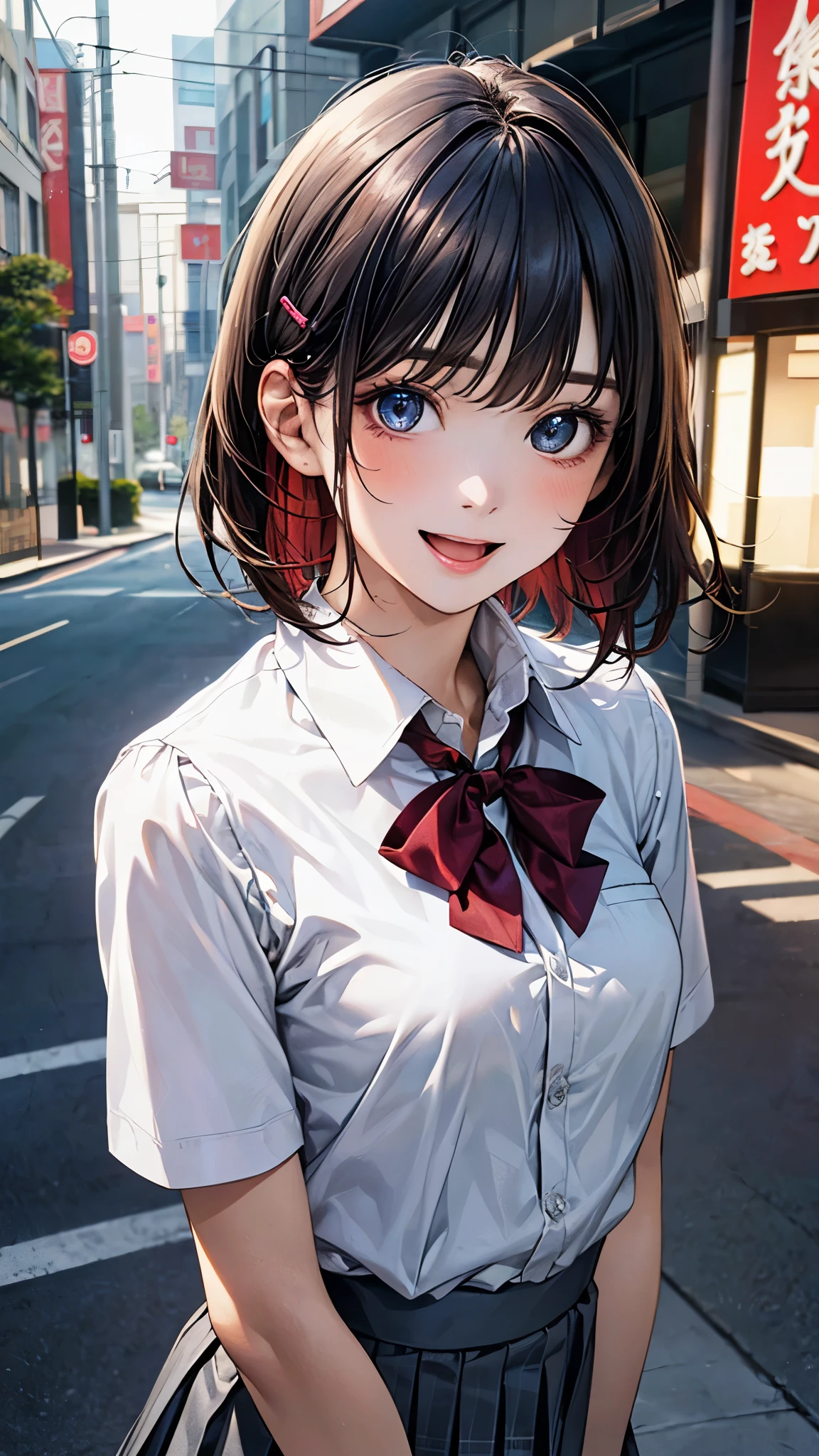 (masterpiece:1.2, top-quality), (realistic, photorealistic:1.4), beautiful illustration, (natural side lighting, movie lighting), nsfw, 
looking at viewer, (face focus, upper body), 1 girl, japanese, high school girl, perfect face, cute and symmetrical face, shiny skin, 
(short hair:1.2, straight hair, navy blue hair), swept bangs, blue eyes, big eyes, long eye lasher, (medium breasts), slender, dark red hair ribbon, 
beautiful hair, beautiful face, beautiful detailed eyes, beautiful clavicle, beautiful body, beautiful chest, beautiful thigh, beautiful legs, beautiful fingers, 
((white collared shirts, grey pleated mini skirt), break, dark red bow tie), yellow hair clip, grey school bug, 
(beautiful scenery), evening, (street:1.2), standing, {hands between legs | hands on chest}, (lovely smile, open mouth small),
