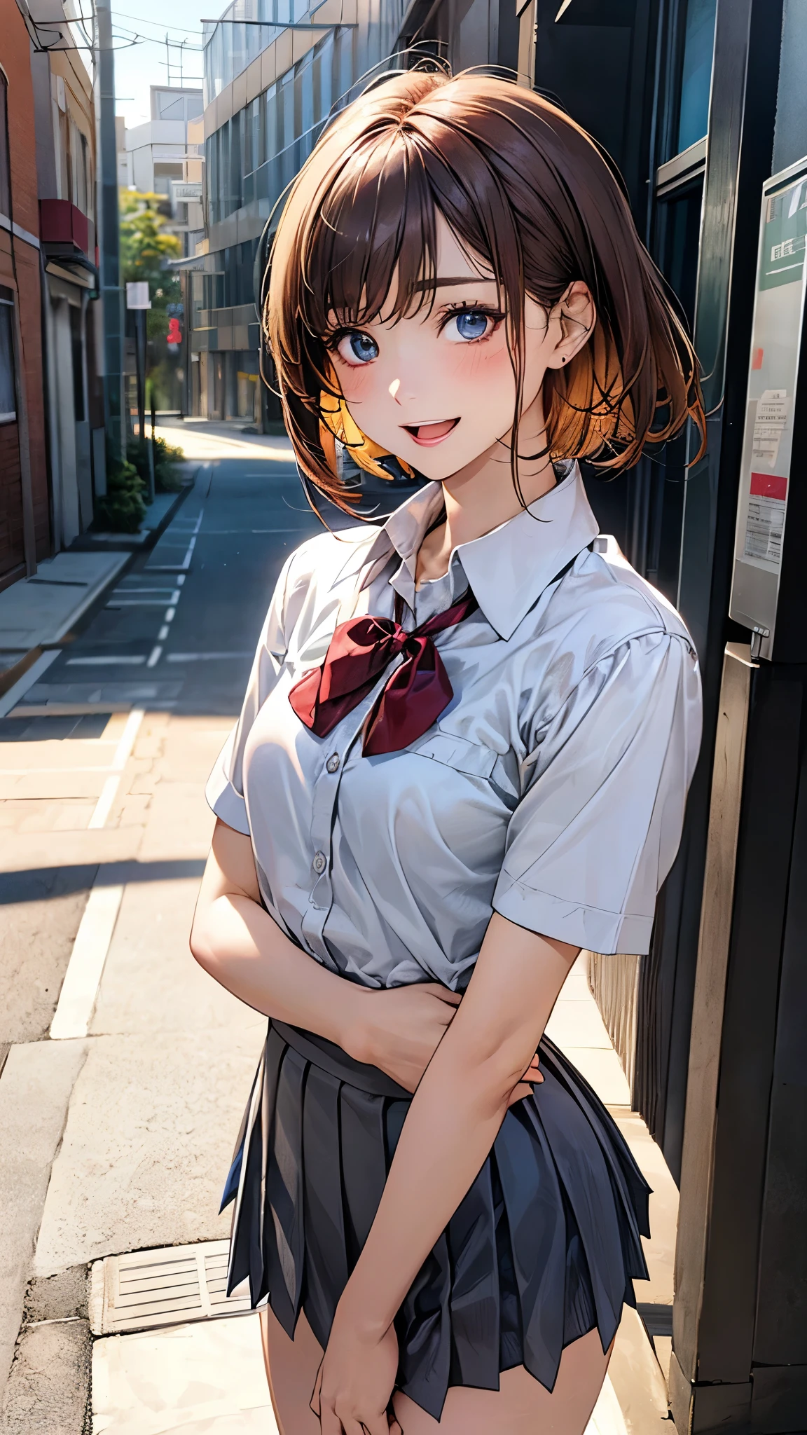 (masterpiece:1.2, top-quality), (realistic, photorealistic:1.4), beautiful illustration, (natural side lighting, movie lighting), nsfw,
looking at viewer, (face focus, upper body), 1 girl, japanese, high school girl, perfect face, cute and symmetrical face, shiny skin,
(short hair:1.2, straight hair, navy blue hair), swept bangs, blue eyes, big eyes, long eye lasher, (medium breasts), slender, dark red hair ribbon,
beautiful hair, beautiful face, beautiful detailed eyes, beautiful clavicle, beautiful body, beautiful chest, beautiful thigh, beautiful legs, beautiful fingers,
((white collared shirts, grey pleated mini skirt), break, dark red bow tie), yellow hair clip, grey school bug,
(beautiful scenery), evening, (street:1.2), standing, {hands between legs | hands on chest}, (lovely smile, open mouth small),