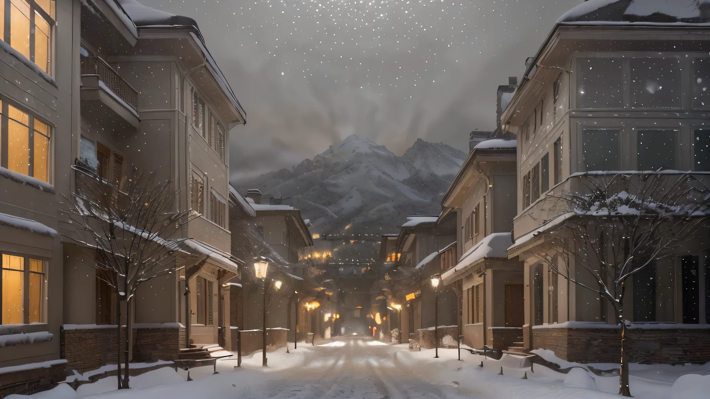 a beautiful snowy street in tehran, snow covered mountains in the background, snowfall along the street, cozy warm lighting, atmospheric hazy lighting, detailed winter landscape, (best quality,4k,8k,highres,masterpiece:1.2),ultra-detailed,(realistic,photorealistic,photo-realistic:1.37),cinematic composition,dramatic lighting,warm color palette,soft focus,glowing snow,detailed architecture,cobblestone street,snow covered trees,warm glow from windows,intricate details