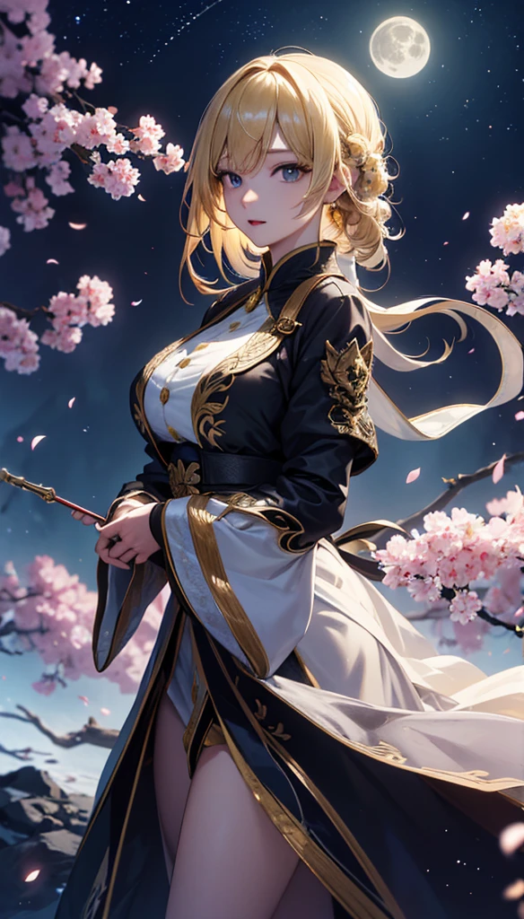 masterpiece, high quality, 4K, Beautiful design, silhouette，blonde， 非常に詳細な夜のStarry Sky,Flower Field， wonderful, Finer details,  Very knowledgeable woman, Highly detailed solo, 1 female,Big Breasts，，Night view，Starry Sky，full moon，