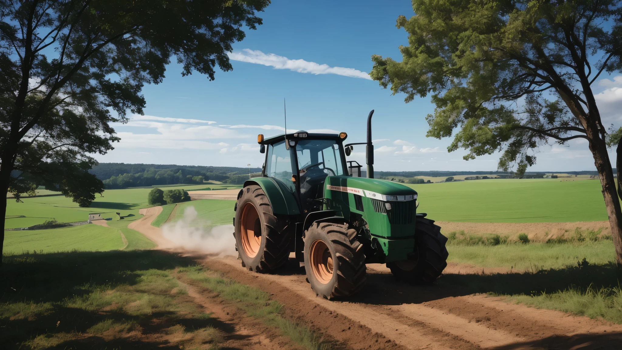 tractor cutting land, rural area, cinematographic, view from below, ultra realistic, 4k, sharp