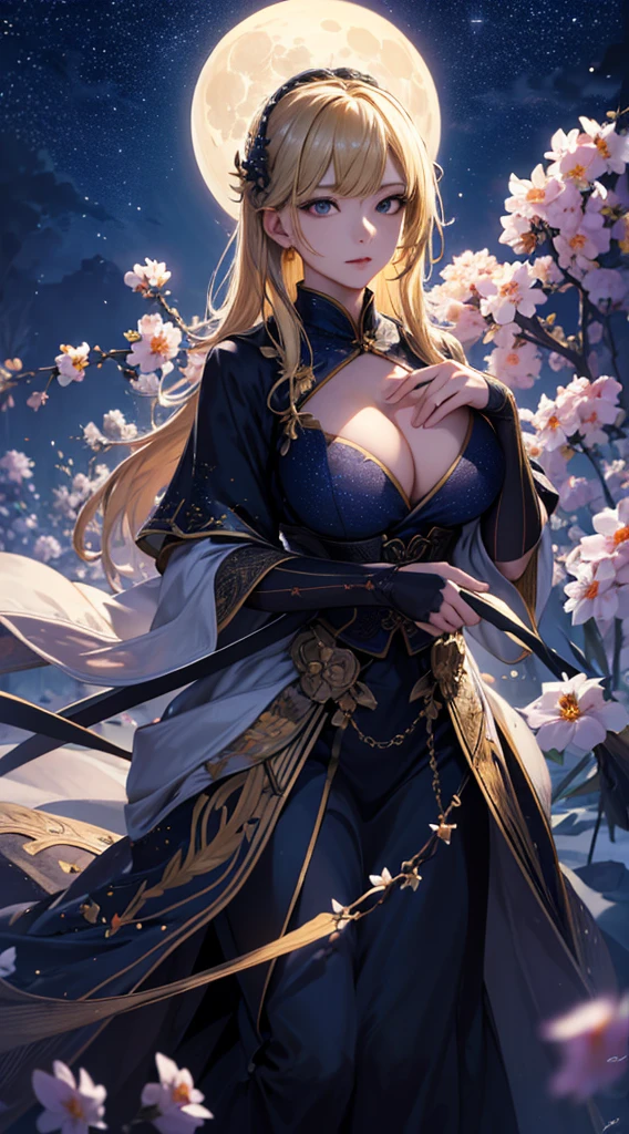 masterpiece, high quality, 4K, Beautiful design, silhouette,blonde, 非常に詳細な夜のStarry Sky,Flower Field, wonderful, Finer details, Very knowledgeable woman, Highly detailed solo, 1 female,Big Breasts,,Night view,Starry Sky,full moon,